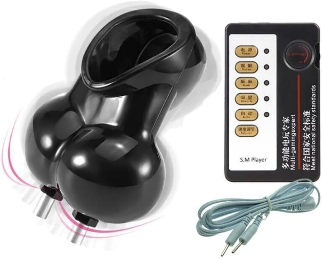 Electric Shock Chastity Cage Ring Scrotum Sleeve Ball Stretcher Ring Cage for Men Adult Sex Toys (Black)