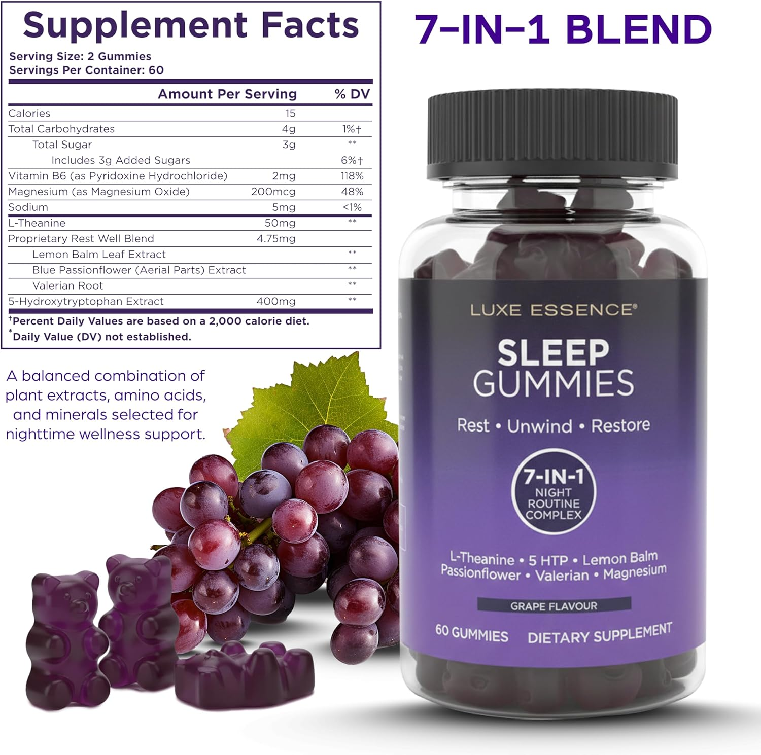 Sleep Gummies | Calming Blend with L-Theanine, 5-HTP, Lemon Balm, Passionflower, Valerian & Magnesium | Night-Time Relaxation Support | 60 Gummies