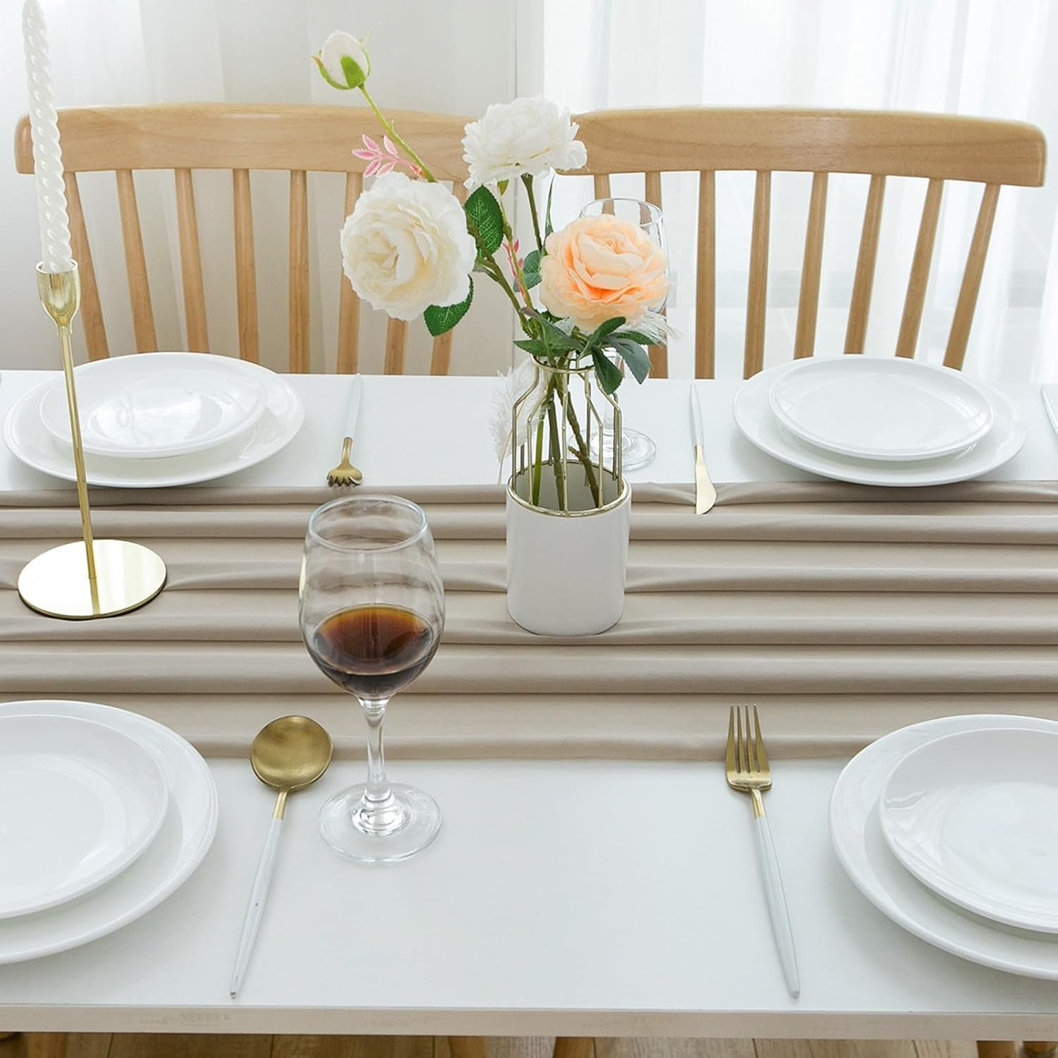 CHUQING Table Runner Wedding Tablecloth Romantic Sheer Table Runners for Bridal Shower Birthday Party Boho Table Decoration, 27X120 Inches,Light Brown - Black-22 image number 7