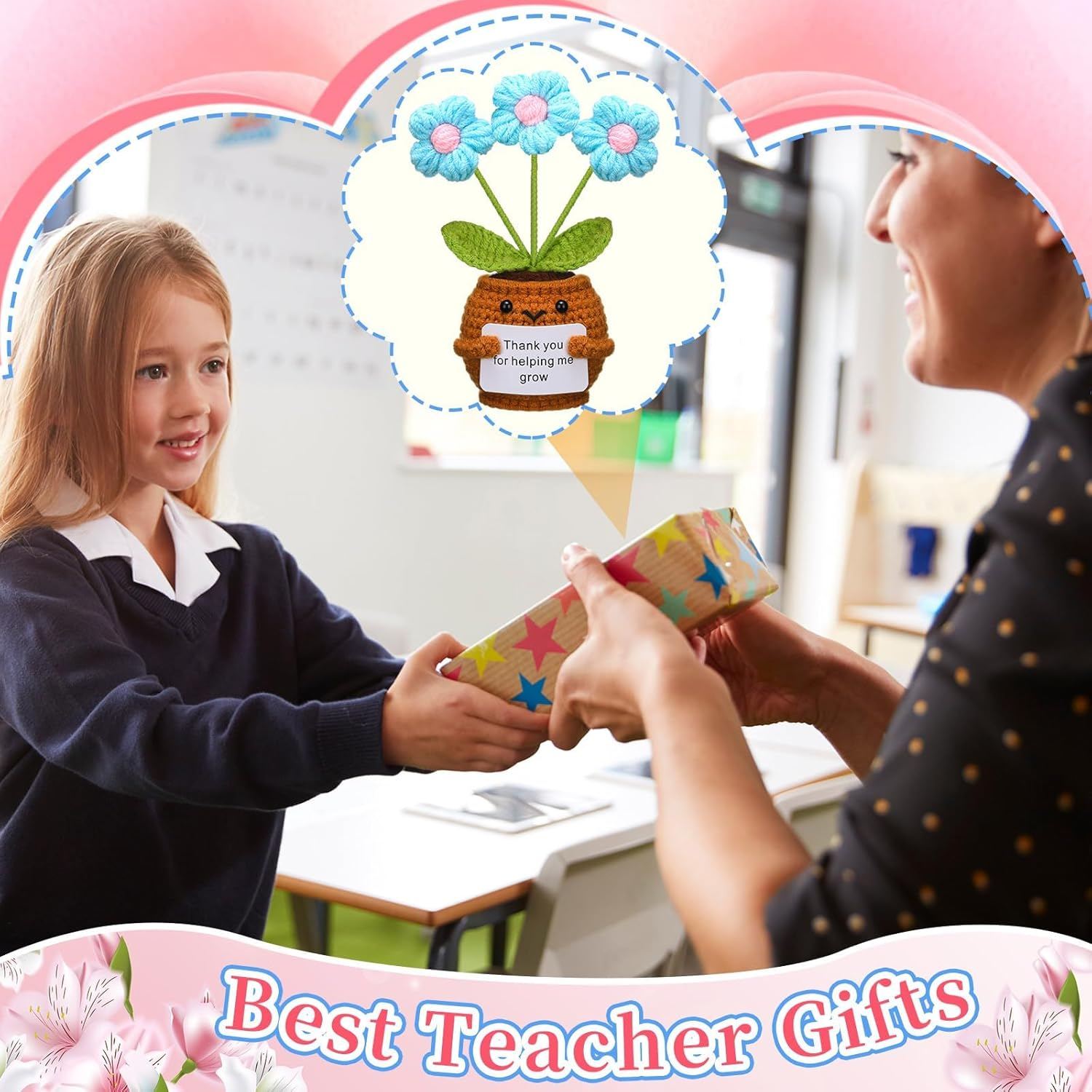 3 Pcs Emotional Support Plush Flowers Positive Crochet Potted with Card Thank You for Helping Me Grow Teacher Thank You Gifts for Birthday Home Office Decor(Puff Flower)