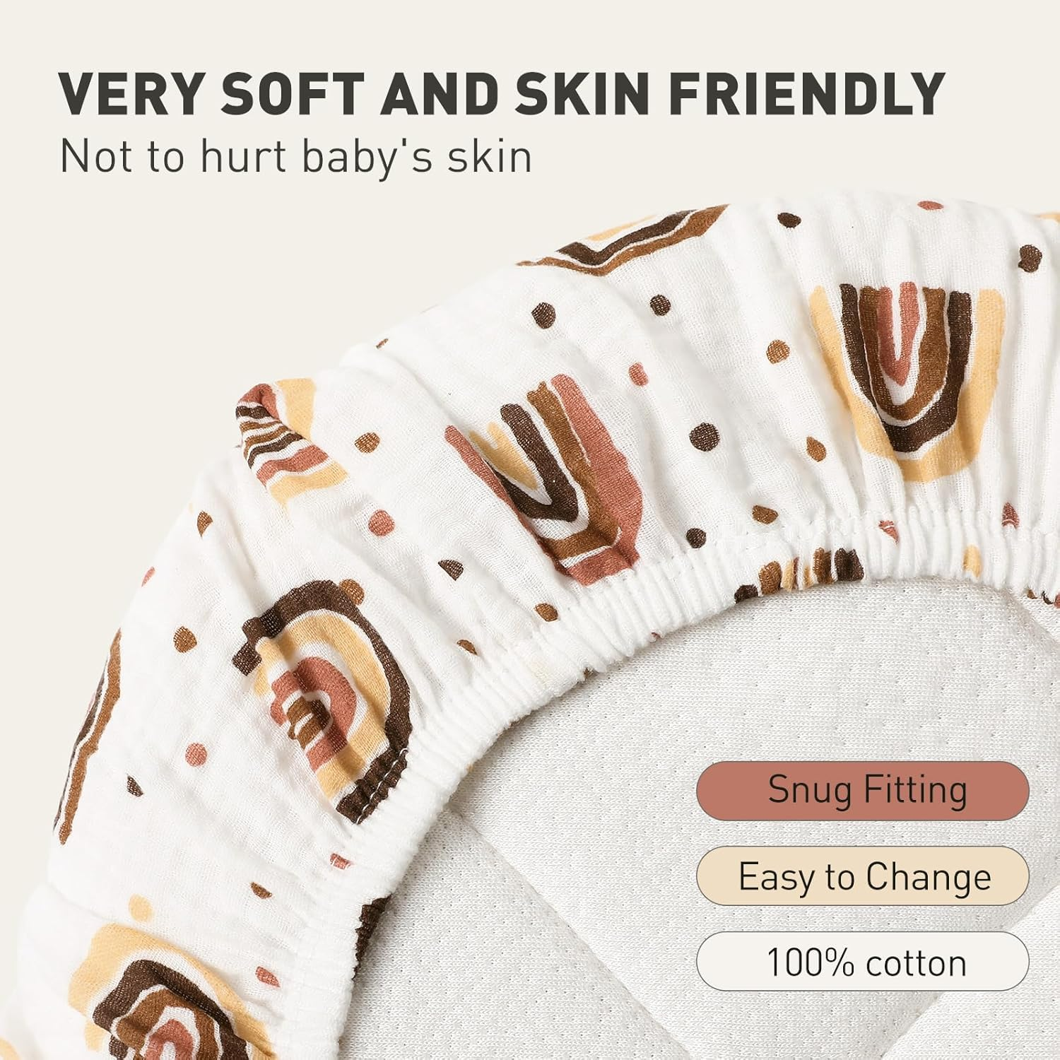 Muslin Bassinet Fitted Sheets, 2 Pack for Baby Boy and Girl, Soft Breathable Stretchy Baby Pad/Mattress Sheet Set, Universal Fit for Hourglass Oval and Rectangle Bassinet Mattress (Cute Rainbow) - Elegant Colors image number 7