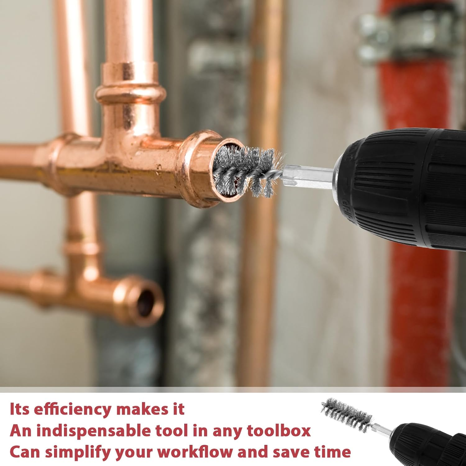 9 Piece Set 1/2" 3/4" 1" Copper Pipe Cleaner for Drill, Tube Cleaning Brush W Stainless-Steel Wire Bristle, Cleans Copper/Bronze/Brass Pipes and Tubes for Soldering image number 4