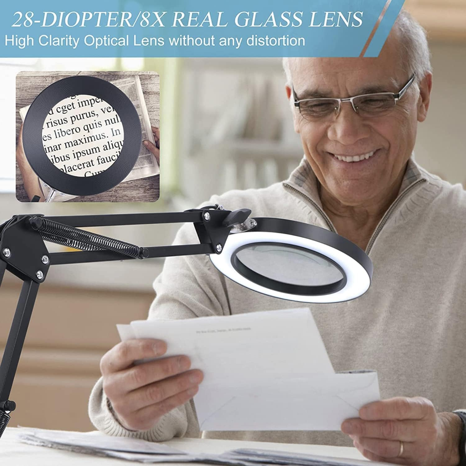 Magnifying Glass with Light and Stand, 8X Real Glass Desk Lamp Clamp, 3 Color Modes Dimmable, LED Lighted Magnifier for Reading Crafts Repair Sewing Close Works image number 4