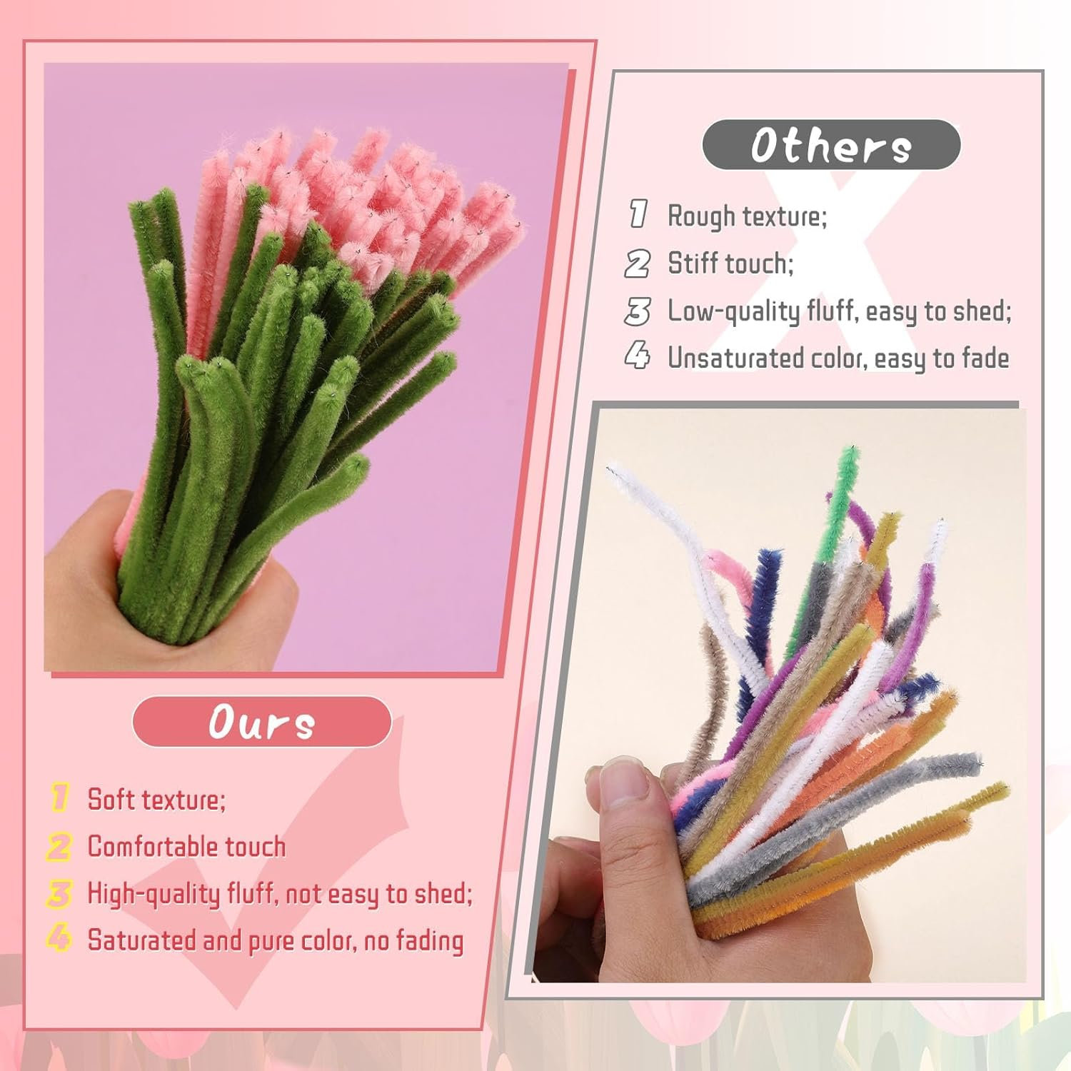 Pink Pipe Cleaner Flower Kit Pipe Cleaner Flowers Pipe Cleaners Bulk Green Pipe Cleaners Chenille Stems Set with Floral Wire Instructions for DIY Art and Craft Projects Creative(15 Flowers) image number 3