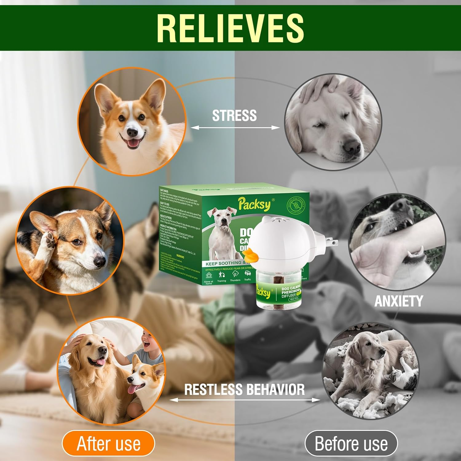 Dog Calming Pheromone Diffuser with 2 Refill Packs,Natural Anxiety Relief for Dogs, Reduces Stress and Barking Effectively,Fit All Breeds,2 Refills image number 1