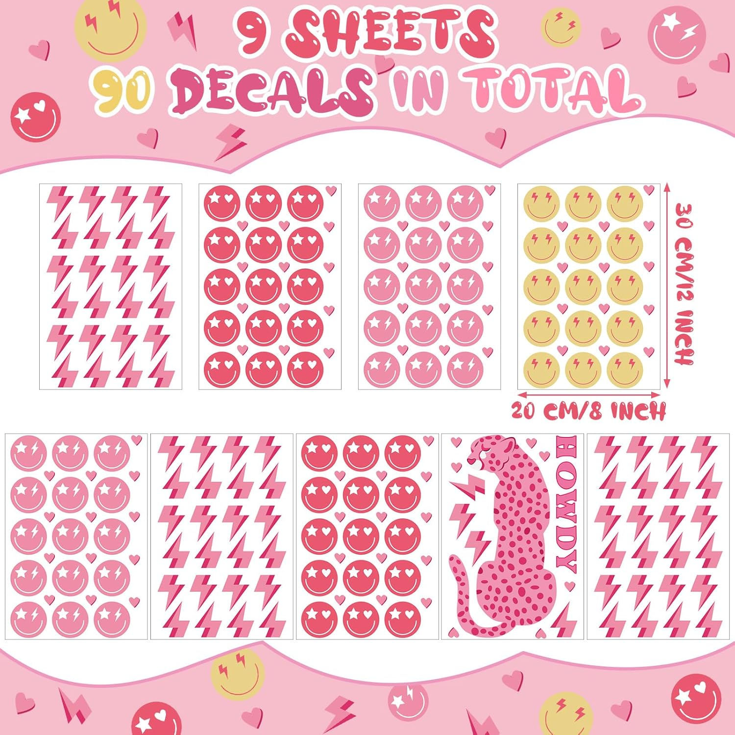 Kisston 9 Sheets Preppy Pink Wall Decal Hot Aesthetic Howdy Smile Face Lightning Vinyl Wall Decals Pink Cheetah Murals Decal for College Students Girls Pink Dorm Bedroom Living Room Nursery Decoration