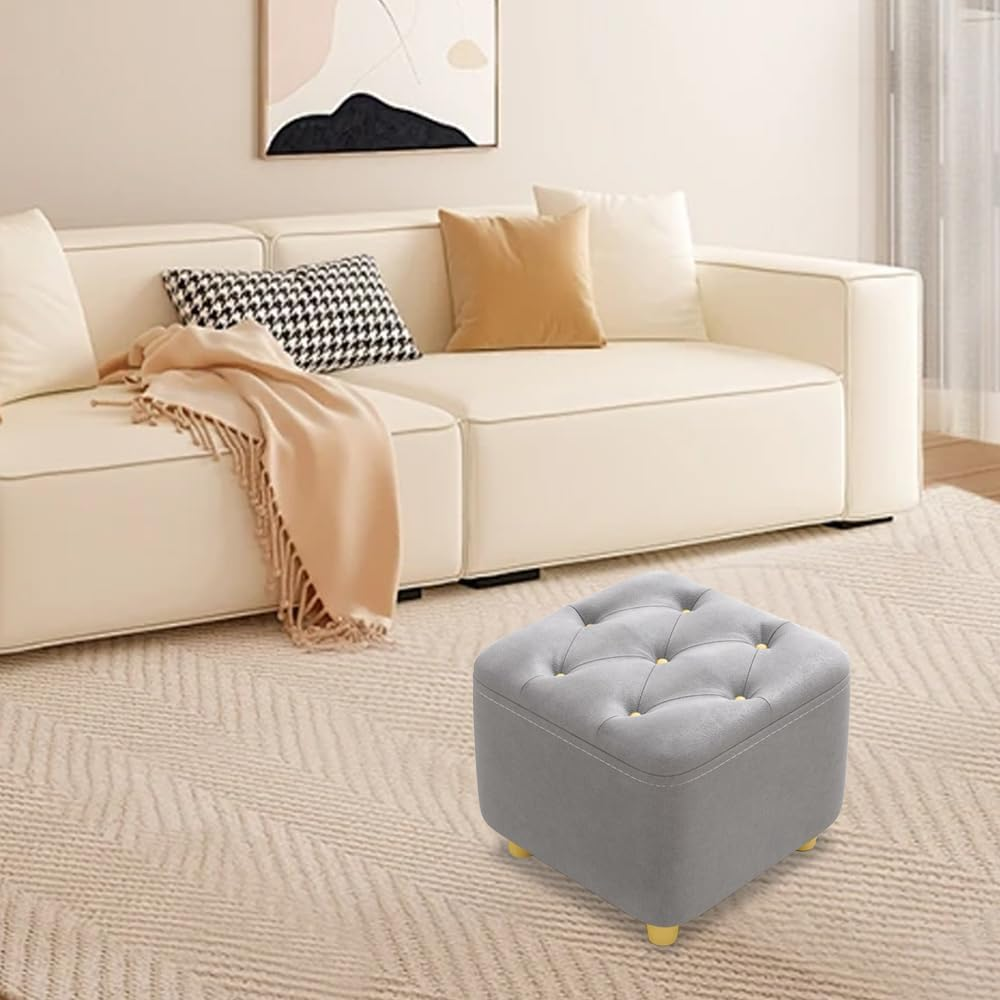 Small Footstool Ottoman, Square Foot Rest Stools with Wood Legs, Non-Slip Foot Stool for Living Room Entryway Office 28X28X26 Cm (Grey)