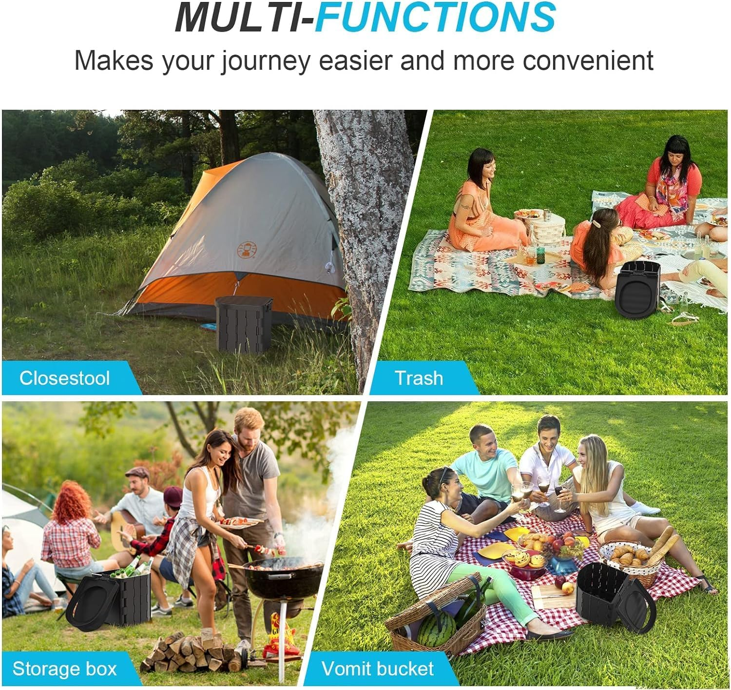 Portable Toilet for Camping, Folding with Lid, Waterproof Porta Potty Car Bucket Adults, Travel Camping Hiking Boat Trips Beach image number 6