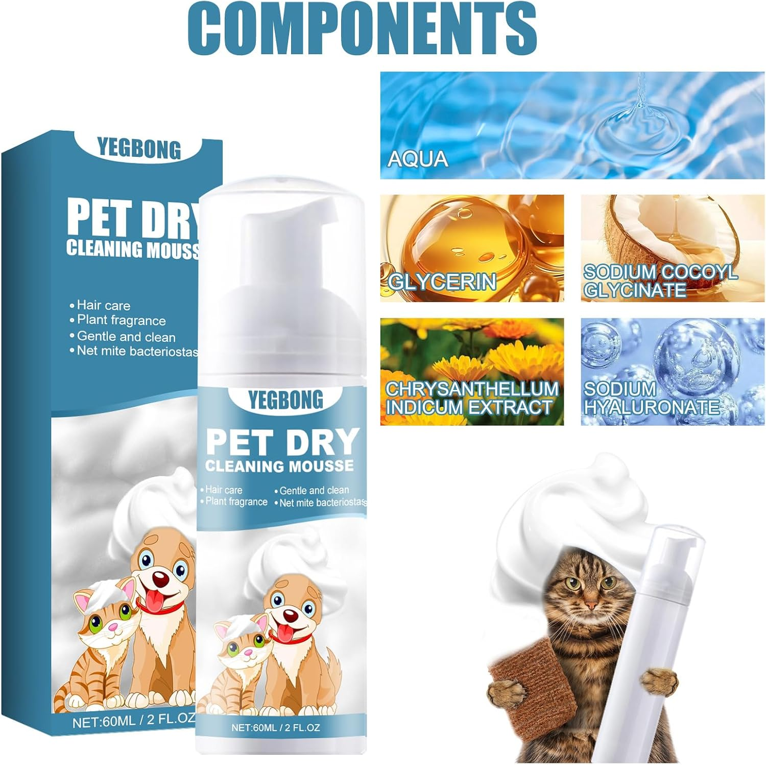 Yegbong Waterless Shampoo Foam for Puppies & Kittens &ndash; No Rinse Pet Cleanser, Odor Eliminating, Gentle Fur Detangler with Fresh Scent &ndash; 60Ml Travel-Size Dry Bath for Sensitive Skin image number 3