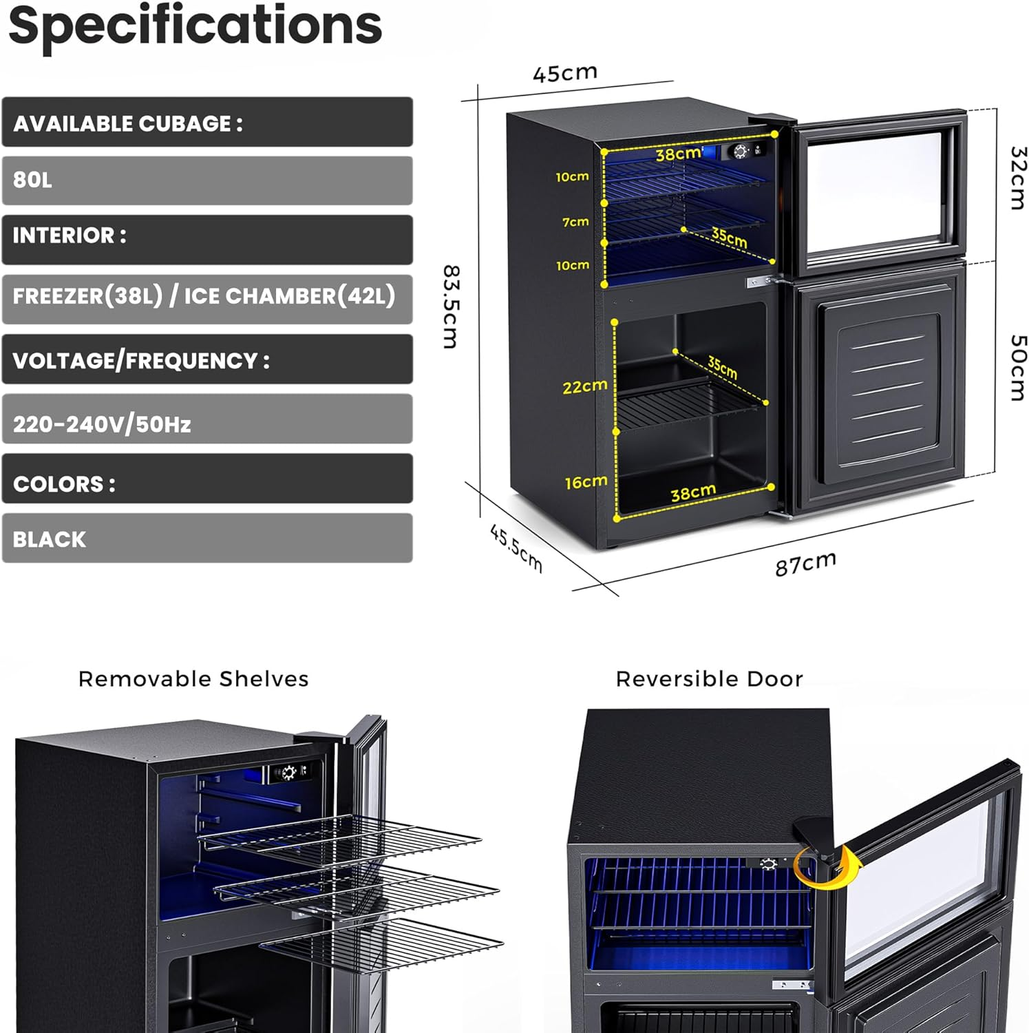 Advwin 80L Refrigerator with Freezer,2-Door Mini Fridge,Compact Drink Chiller with 7-Level Temperature Control 38Db Low Noise Reversible Door,Wine Cooler for Dorm,Kitchen, Bedroom, Office Use image number 2