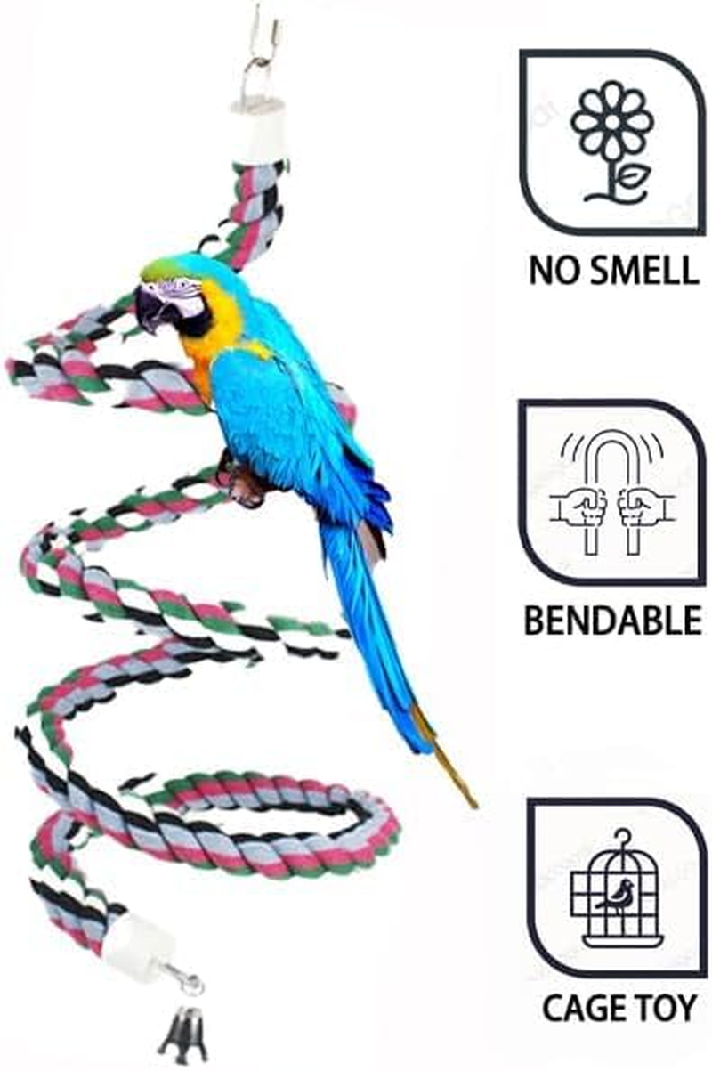 94.4Inch Length Colorful Cotton Bendable Rope Perch Swing Bird Chew Toys Amazon Parrots Cage Toys with Bell Swing Climbing Standing Bungee Bird Toys for Regular to Big Size Birds image number 2