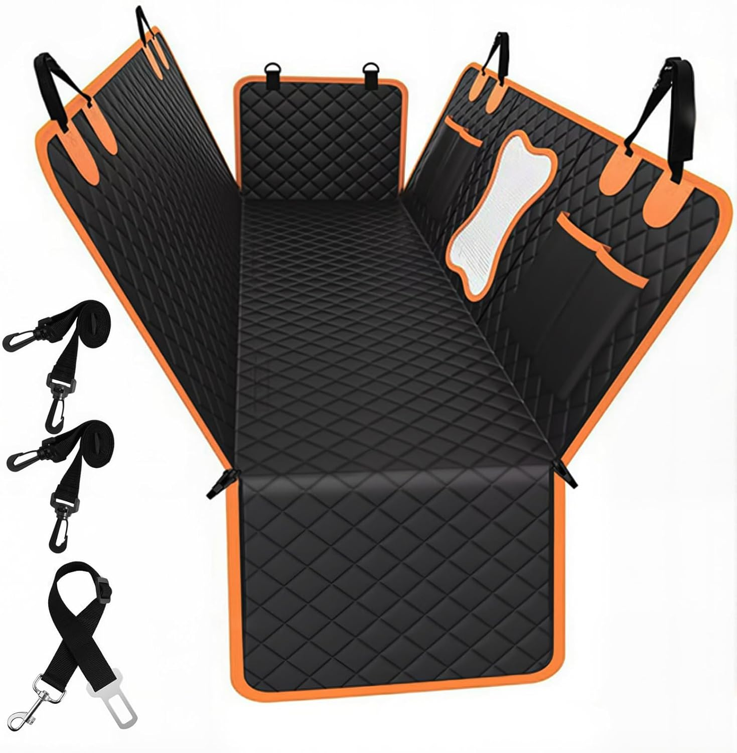 Dog Car Seat Cover &ndash; 100% Waterproof 600D Durable Pet Protector | Non-Slip Hammock Design for Car Rear Seat, SUV, Truck, Sedan, with Seatbelt & Side Flaps, Black image number 1