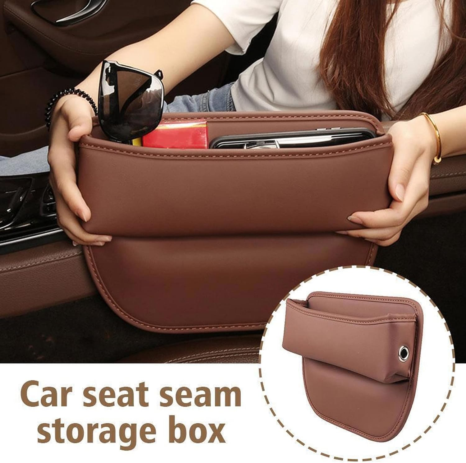 Leather Car Seat Storage Box, 2023 New Car Seat Gap Filler Organizer, PU Leather Car Seat Storage Box, Console Side Pocket Organizer Holds for Phone, Wallet, Cards, Keys (Black) - Beige image number 7