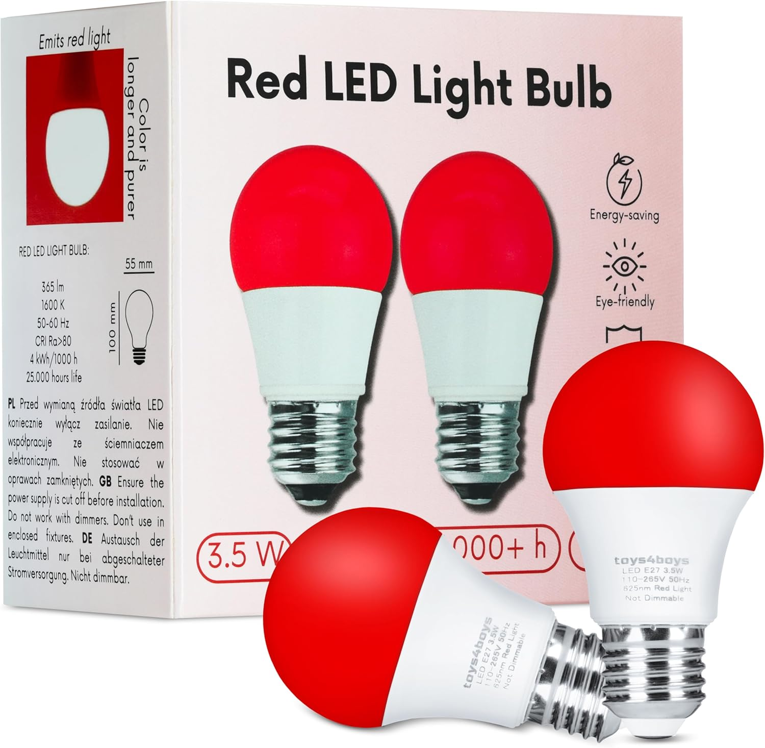 Toys4Boys Red LED Bulb E27 Pack of 2 &ndash; Creates Calm with Melatonin Red Night Light &ndash; LED Bulb E27 Friendly with Eyes &ndash; Warm Lighting No Flicker 3.5 W image number 5