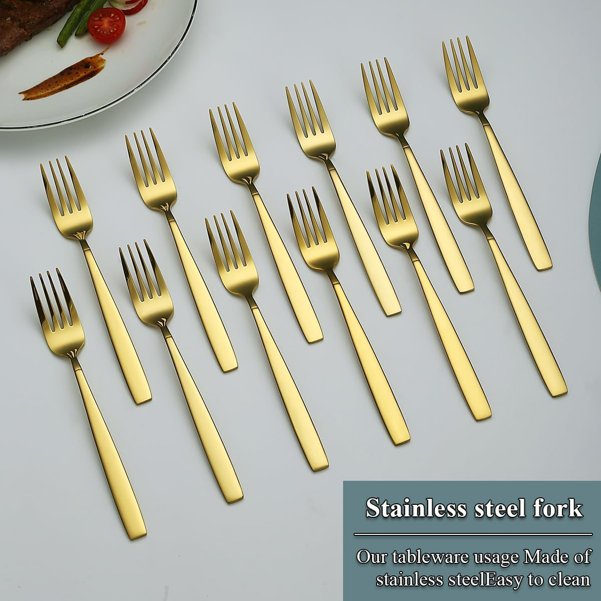 Berglander Gold Table Forks of 12 Pieces, Titanium Gold Plated Stainless Steel Modern Dinner Fork Set, Forks and Spoons Cutlery Ideal for Home, Toilet, Hotel, Wedding, Dishwasher Safe - Black image number 4