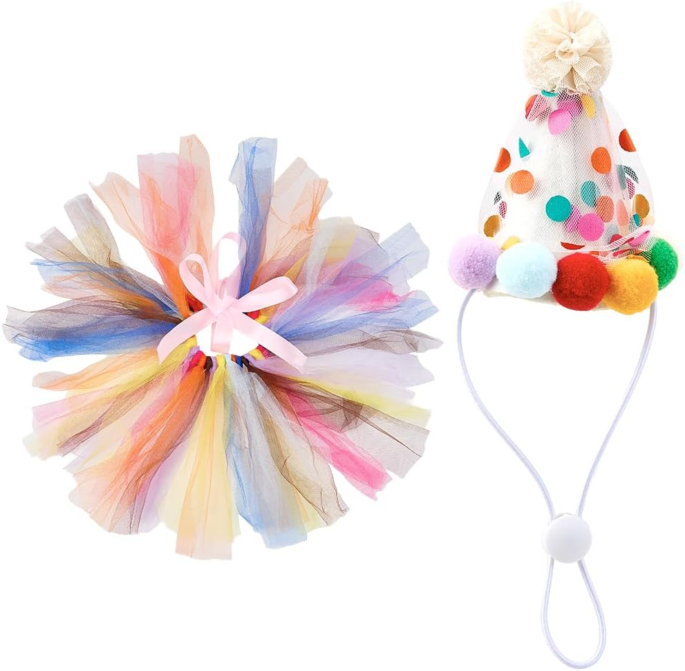 CREATCABIN 2Pcs Dog Princess Costume Mini Pet Party Hats Colorful Polyester Puppy Cats Lace Tutu Christmas Pompom Ball Hat Bow Tie Outfit for Pets Birthday Parties Decorations Set Accessories