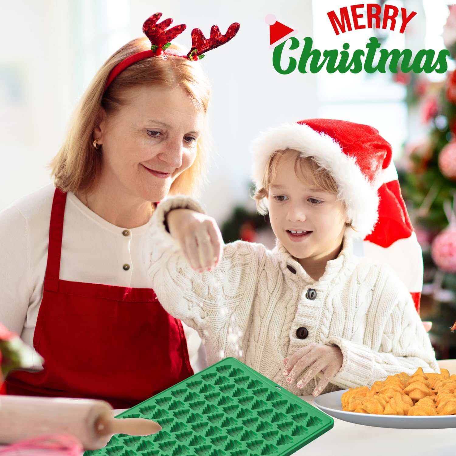 Crethinkaty Mini Christmas Moulds, Silicone Christmas Tree Mould, 100 Cavity Christmas Tree Shape Silicone Moulds, Mini Gummy Mould for Baking, Cookies, Pudding, Jelly, Dog Biscuit image number 5