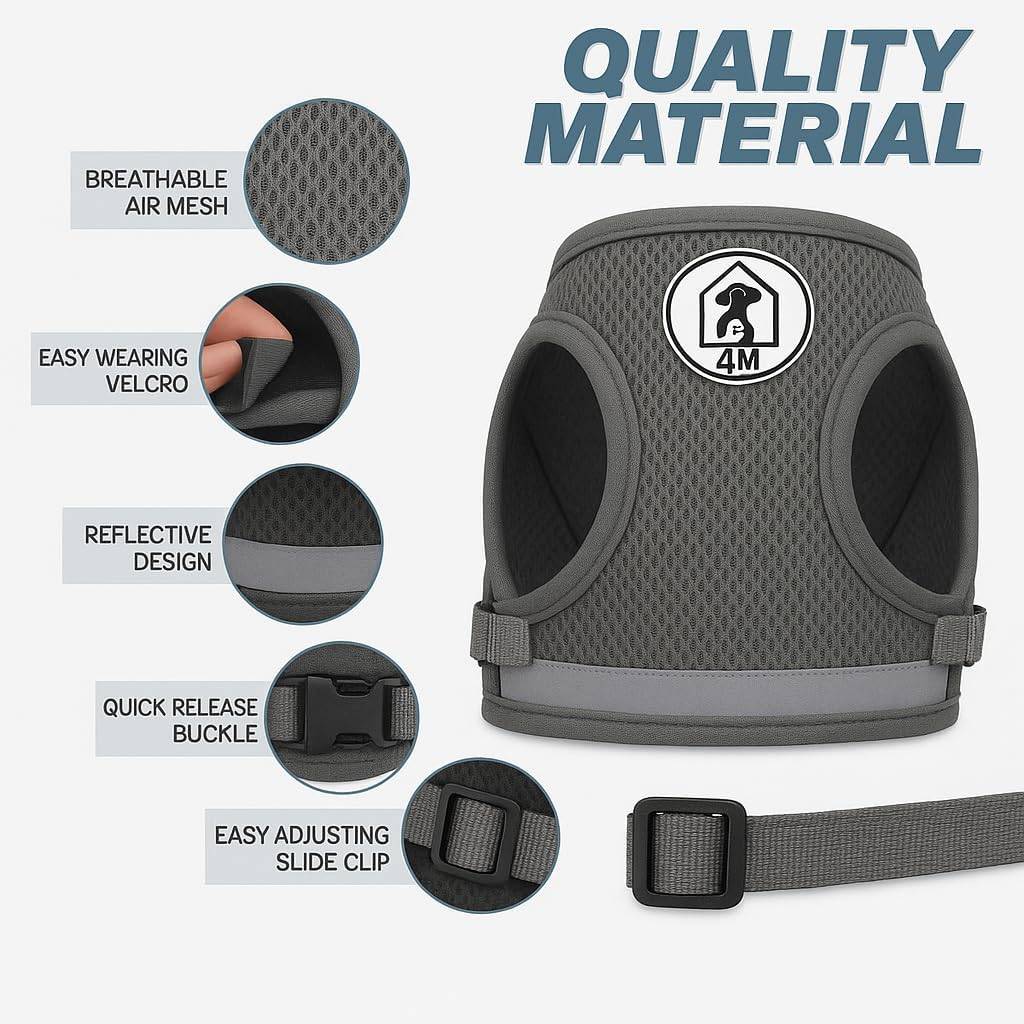 4M Pets No-Pull Reflective Mesh Dog Harness & Leash &ndash; Breathable, Step-In Vest for Small & Medium Dogs