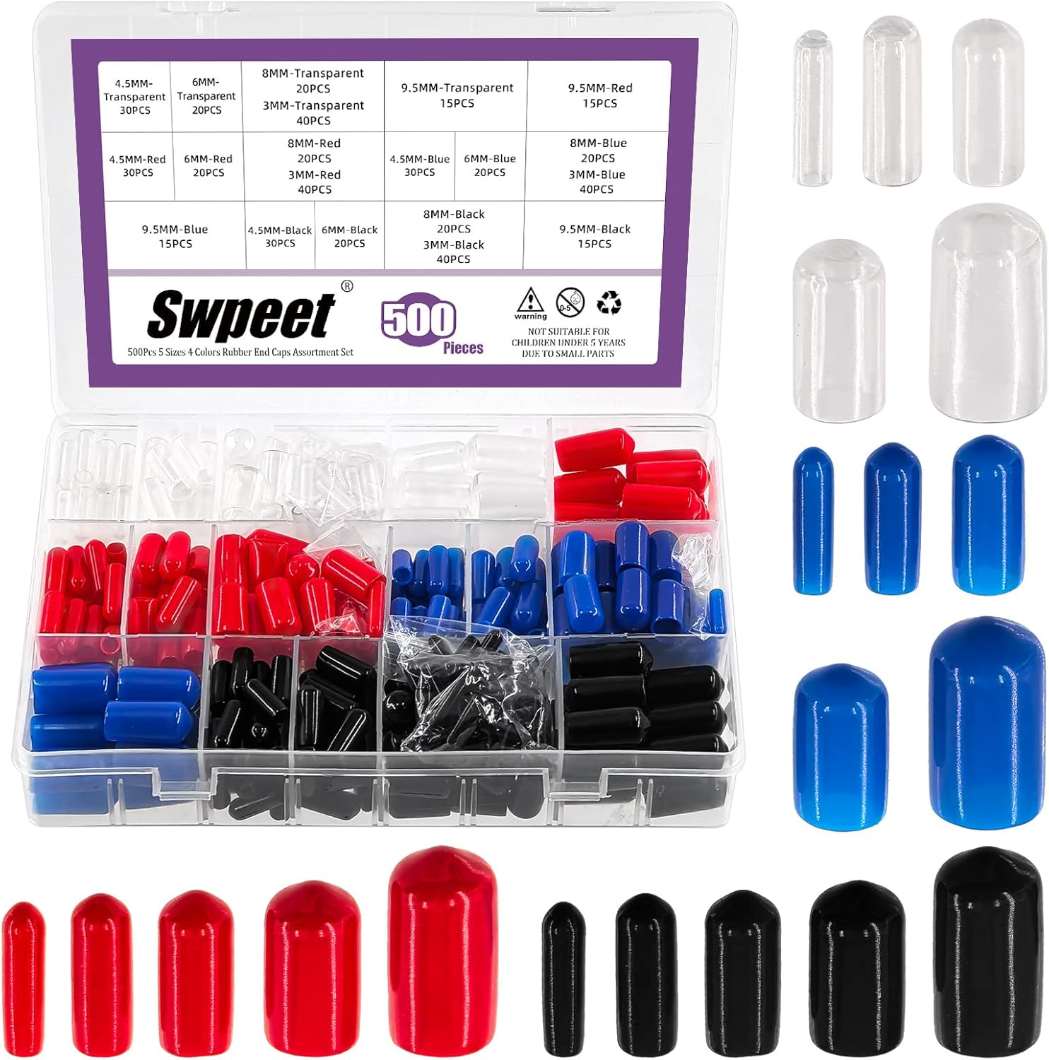 Swpeet Vinyl Rubber End Caps, 150 Pack Flexible Bolt Screw Covers Caps round Thread Protector Caps for Metal Tubing Rod Bolts, Black (500) image number 2