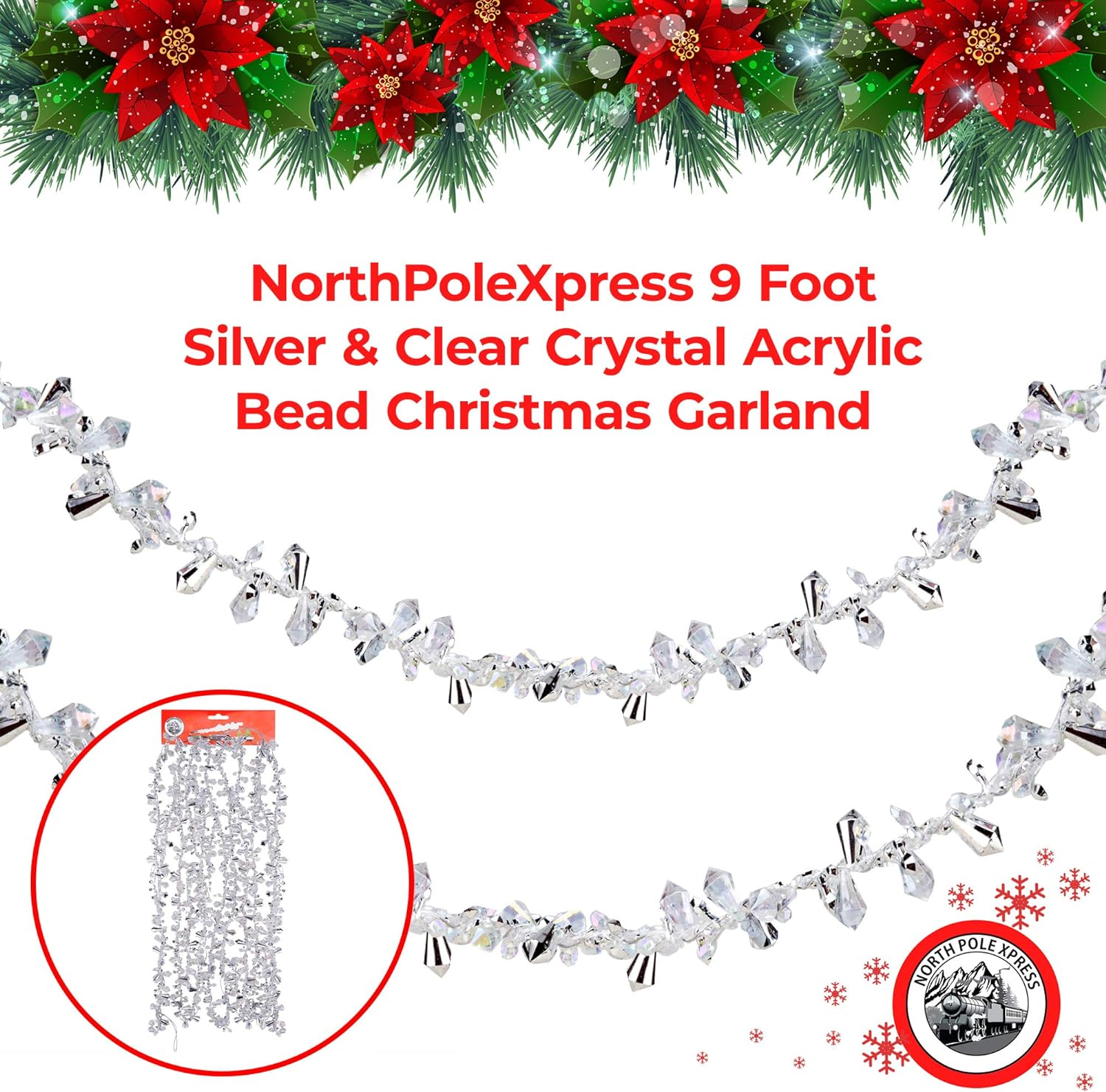 9 Foot Silver & Clear Crystal Acrylic Bead Christmas Garland | Iridescent Christmas Tree Garland Perfect for White Winter Theme Trees | Garland Christmas Decorations for Indoor Use image number 6