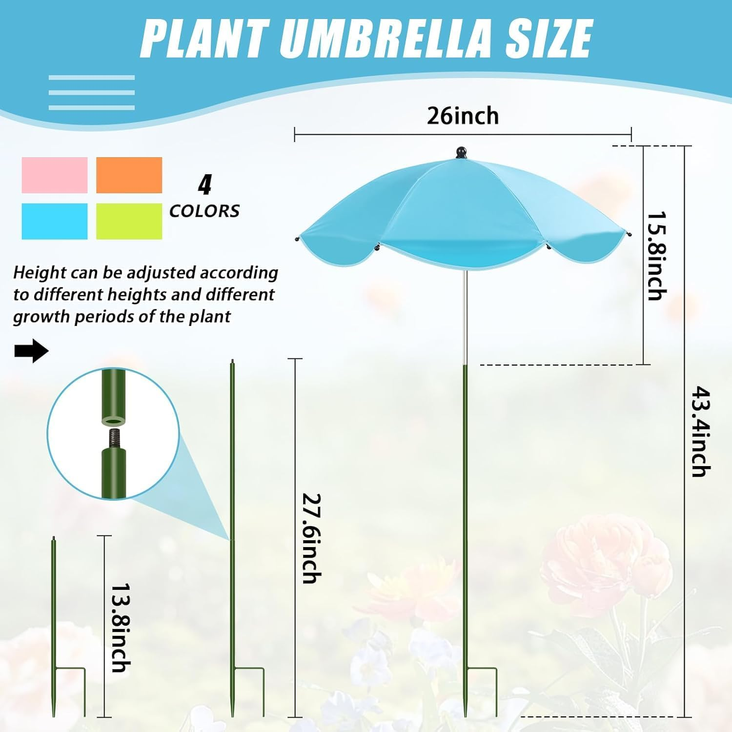 Plant Umbrellas for Outdoor Plants, 4 Pack Upgraded 26" Larger Garden Umbrella Shade with Adjustable Angle, 43.4" Higher Sun Shade, Potted Plant, Garden Beds image number 6