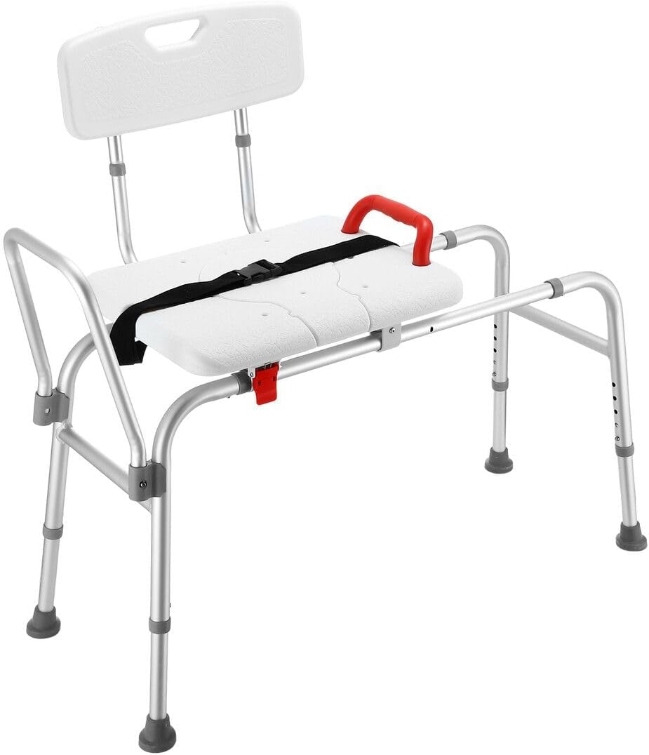 Tub Transfer Bench Height Adjustable Bathtub Shower Stool with Armrest and Back Bath Seat with Slip-Resistant Feet Bathroom White