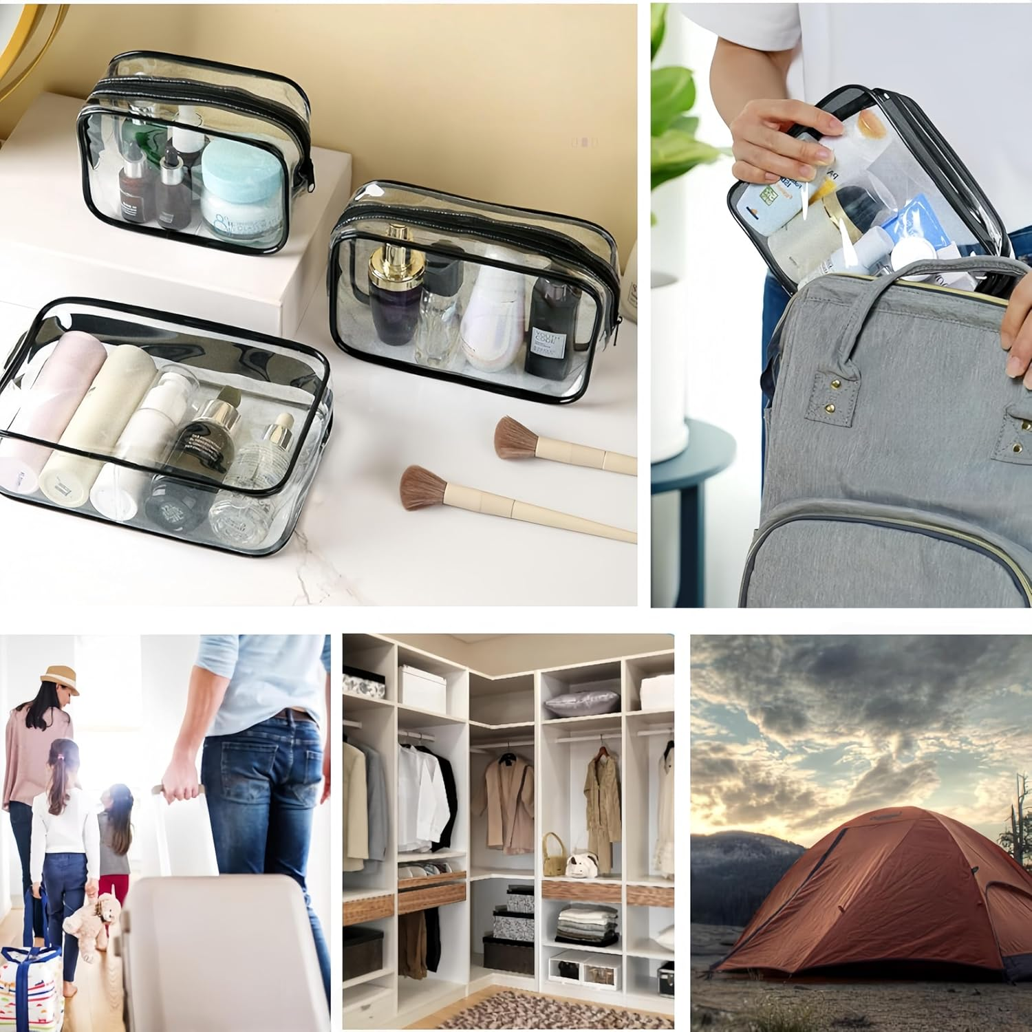 Clear Travel Makeup Cosmetic Bag,4 Pcs PVC Leakproof Toiletry Bag,Tsa Approved Wash Bag,For Women Men,Quart Size(Black)