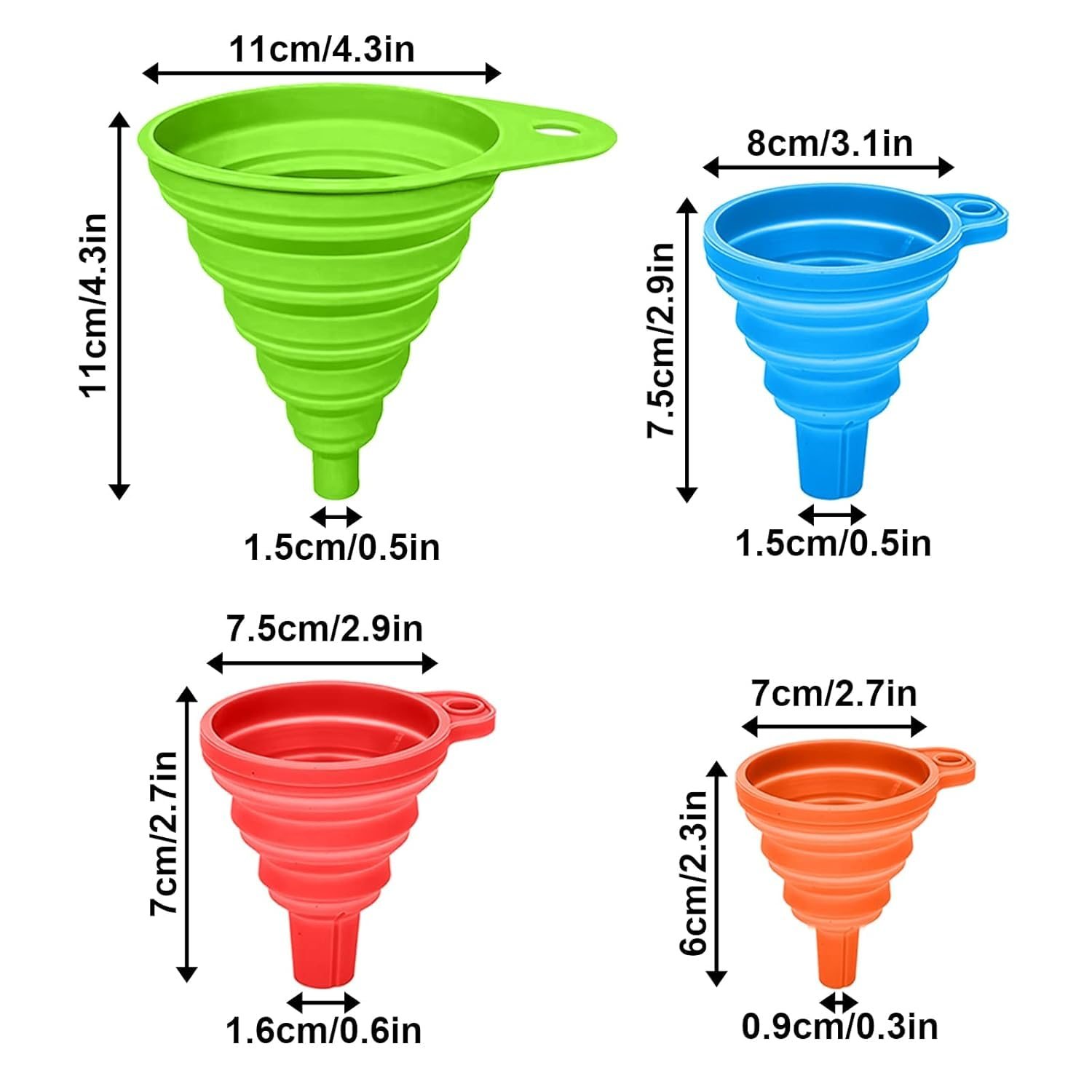 Silicone Collapsible Funnel, 4 Pcs Foldable Kitchen Funnels, Kitchen Funnel with 4 Pcs Transparent Adhesive Hooks for Filling Bottles, Liquid, Powder Transfer (Orange,Red,Blue,Green) image number 3