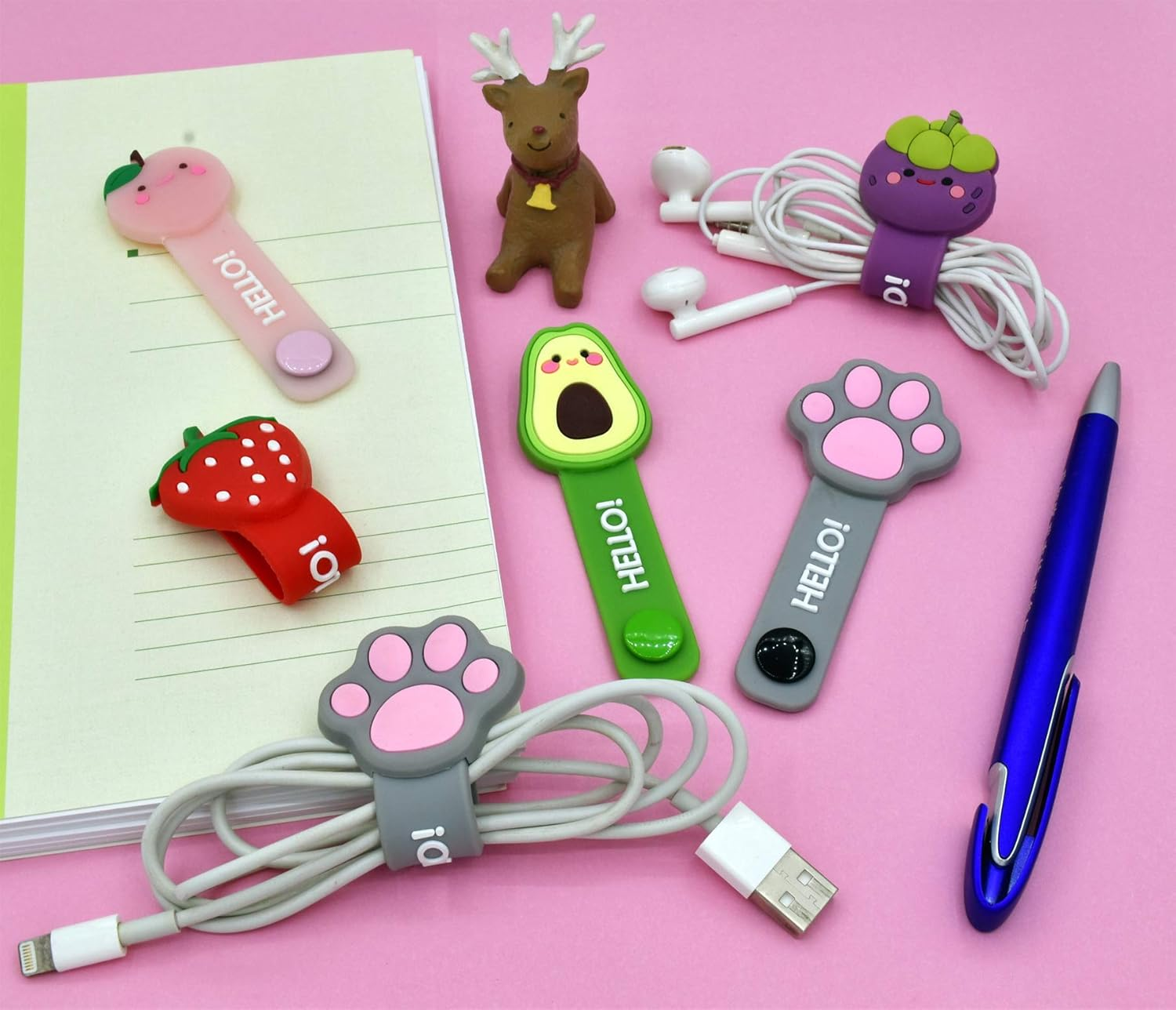 Earphone Cable Ties,Cord Winder,Strap Winder,Cord Organizer,Cable Straps, Cord Management,Cartoon Headphone Wire Ties,Wrap Winder, Fruit Shape Cable Management, USB Holder,Earphone Organizer, 5Pcs
