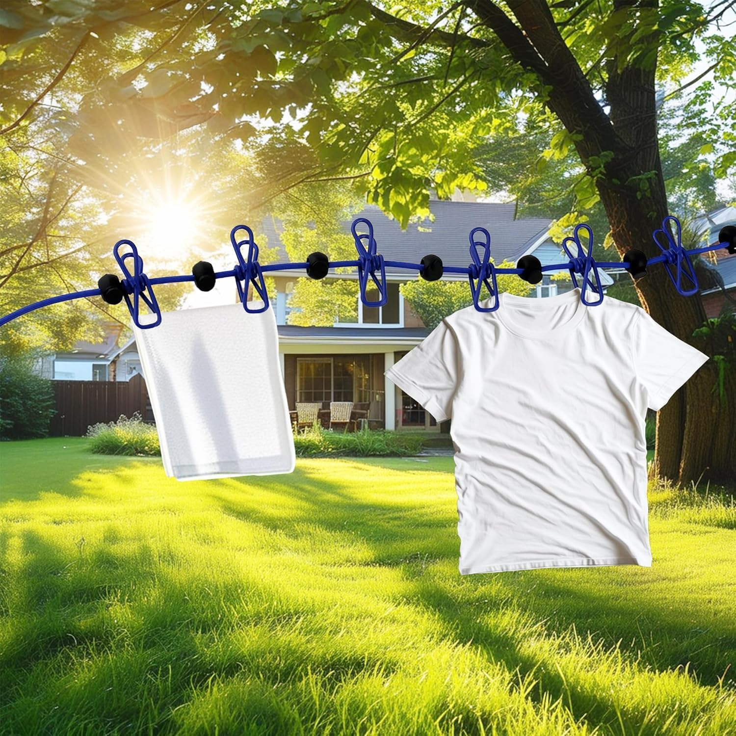 2 Pack Portable Clothesline with 12 Clothespins, Retractable Travel Windproof Clothesline with Climbing Clip, Suitable for Camping, Hotel Indoor and Outdoor Use(Blue) image number 2