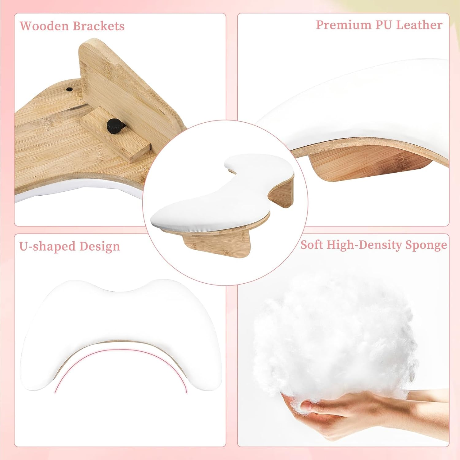 U-Shaped Arm Rest for Nails Tech, Nail Arm Rest with Detachable Brackets Microfiber PU Leather Manicure Hand Rest Pillow for Nail Tech Haves Manicure Tools (White)