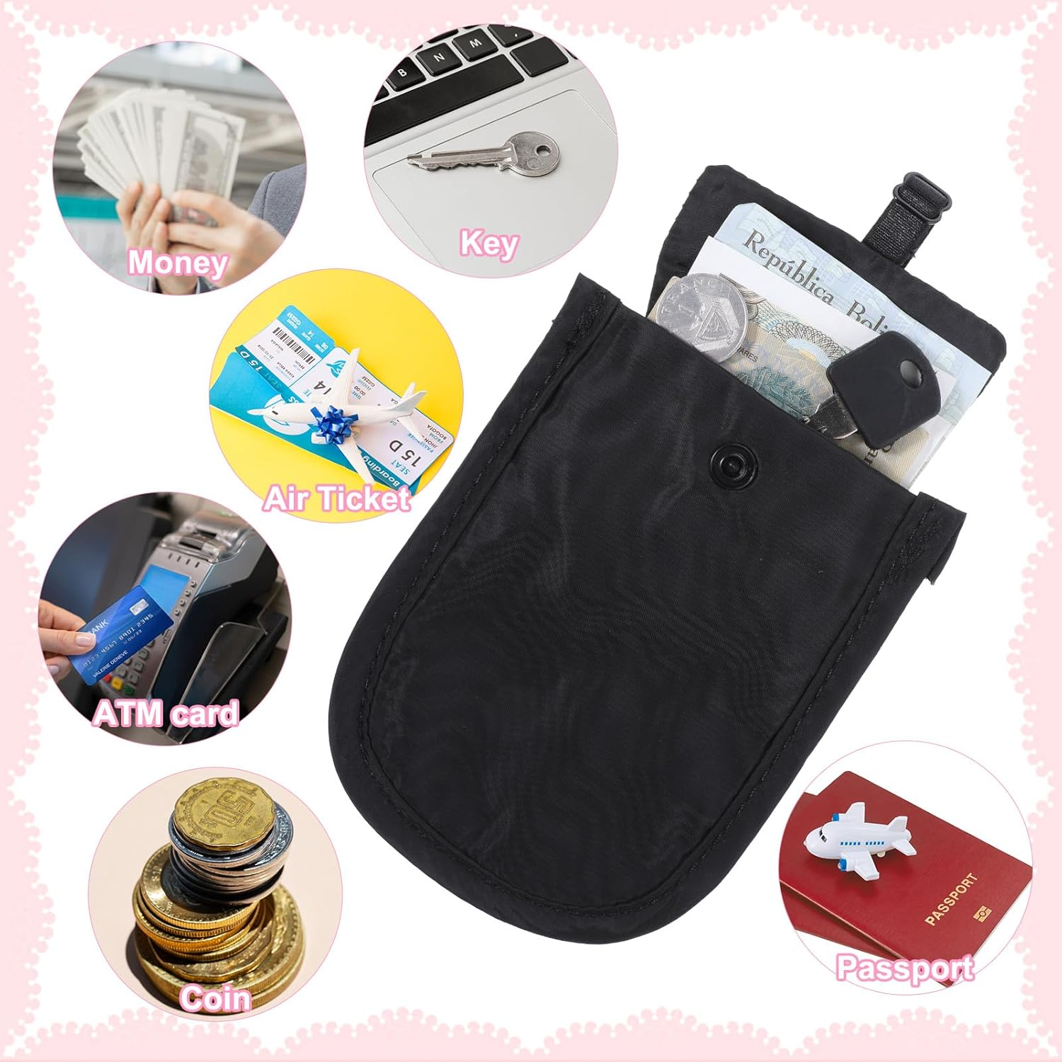 Travel Bra Wallet for Women, Hidden Bra Wallet Secret Stash Pocket Protect Your Credit Cards Valuables with Adjustable Elastic Strap Undercover Stash for All Underwear Sizes Machine Washable(Black) image number 3