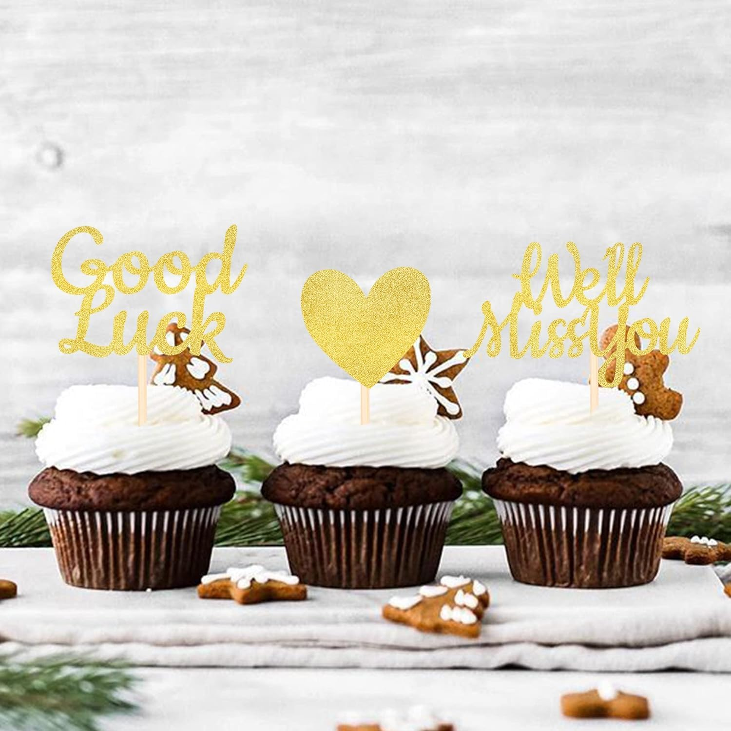 24 Pack We Will Miss You Cupcake Toppers Glitter Red Love Heart Good Luck Cupcake Picks Retirement Theme Going Away Party Cake Decorations (Gold) image number 1