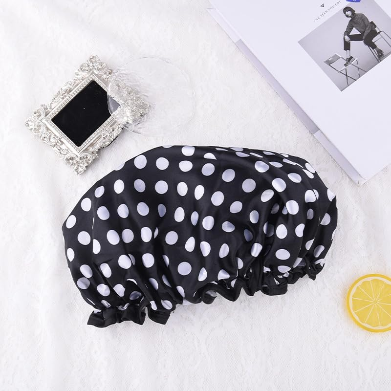 Polka Dot Shower Caps for Women Reusable Waterproof Satin Lined Bathing Caps for Braids Short Long Hair Cap for Shower Bath Large Polka Dots Foldable Travel Showering Cap for Men Women Vintage Fashion