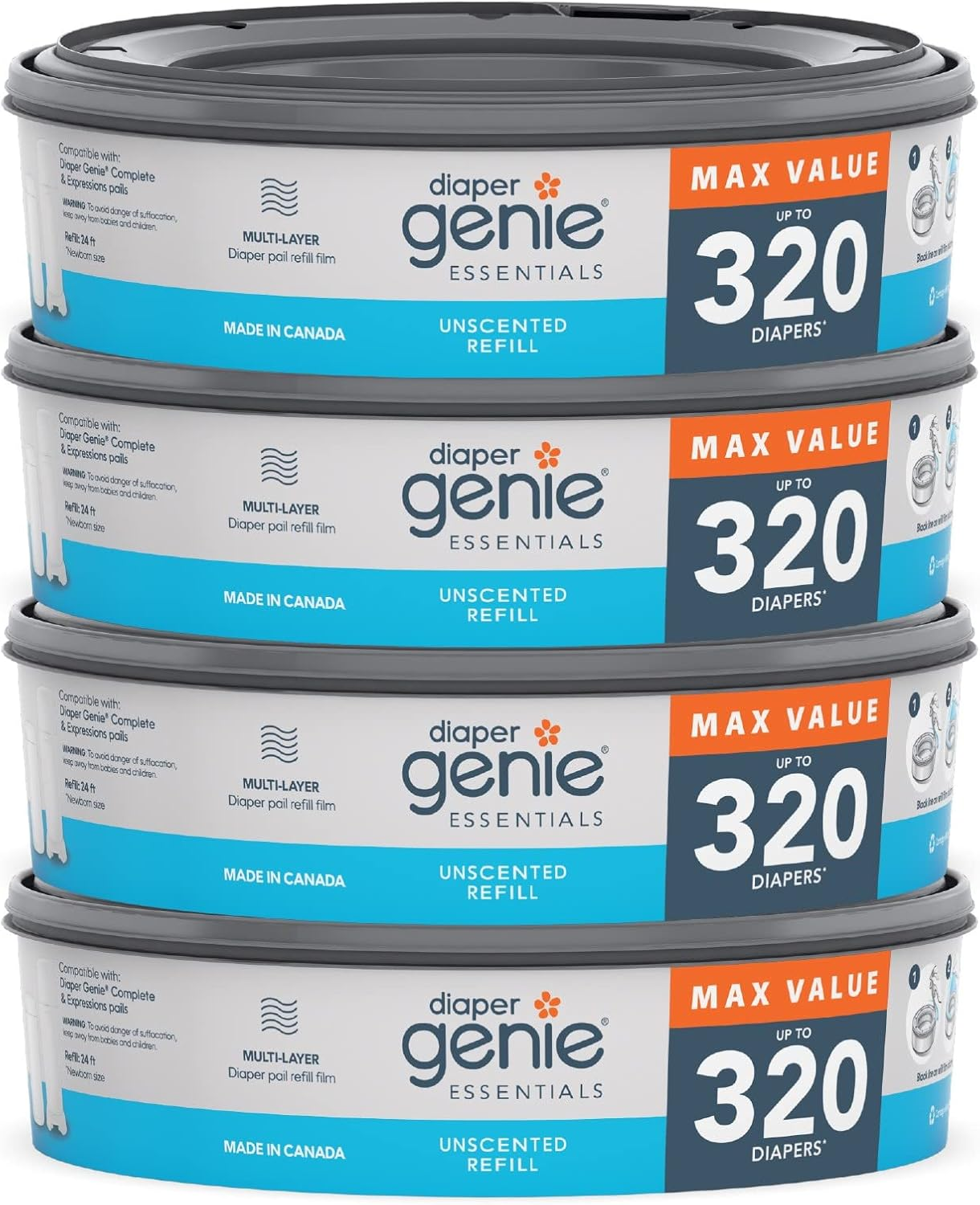 Diaper Genie Essentials round Refill 4-Pack | Holds up to 1280 Newborn Diapers | Features Unscented Continuous Film | Compatible with Diaper Genie Complete and Expressions Pails image number 5