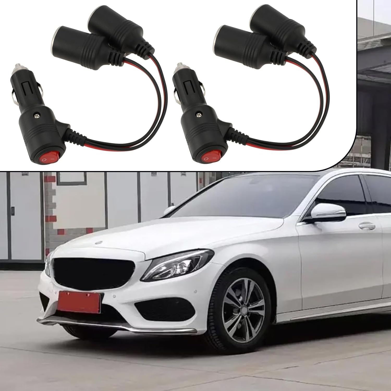 OTOTEC 2Pcs 12 V/24 V 1 to 2 Car Cigarette Lighter Socket Splitter Adapter with Switch Indicator Light 15CM 19AWG Extension Cable for Car, Truck, Caravans image number 3