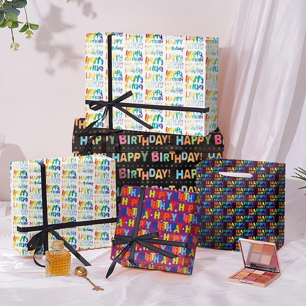 Amazonbasics Birthday Wrapping Paper 12 Sheets 20 X 27 Inches Multicolor Foil Funny Gift Wrapping Paper image number 4