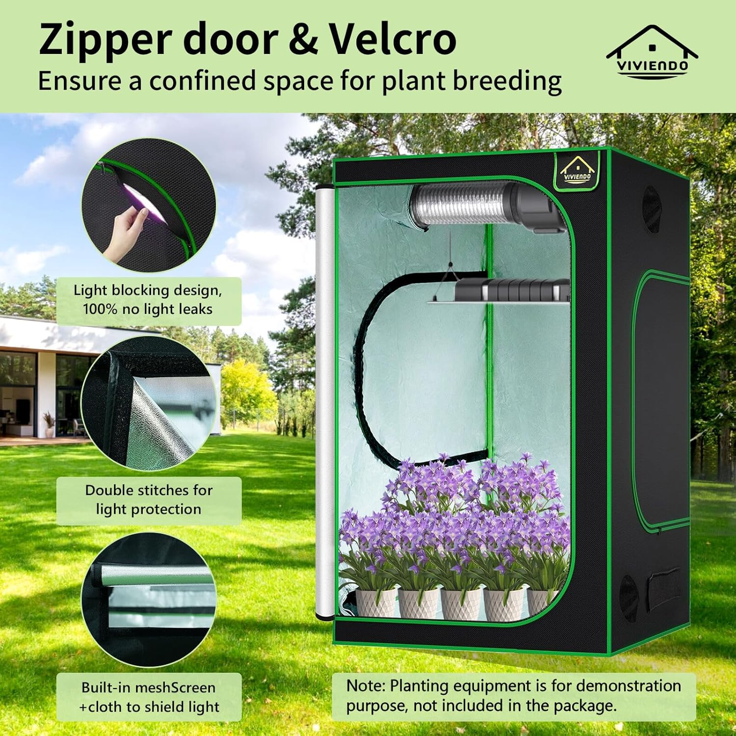 Viviendo Grow Tent, Hydroponics Growing System Plant Room, Greenhouse with Highly Reflective Inside, Indoor Plant Kits with Removable Floor Tray, 600D Oxford & Steel Frame, 1.2X1.2X2M image number 6
