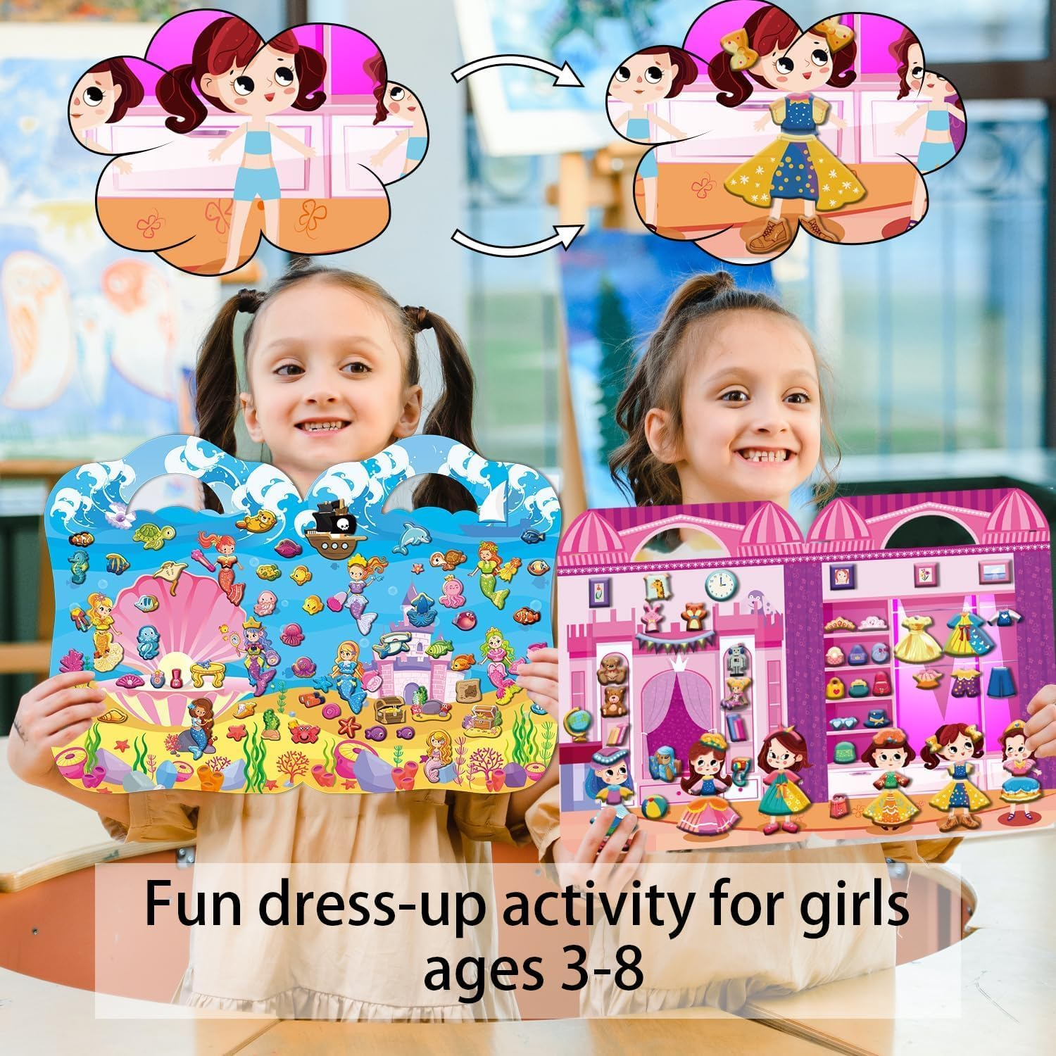 4 Set 3D Reusable Puffy Sticker Books for Kids 3-8, Stickers Pads for Kids Ages 2-4, Include Fashion Girl, Mermaid, Princess Castle, Fairytale Garden, Girls Party Favors