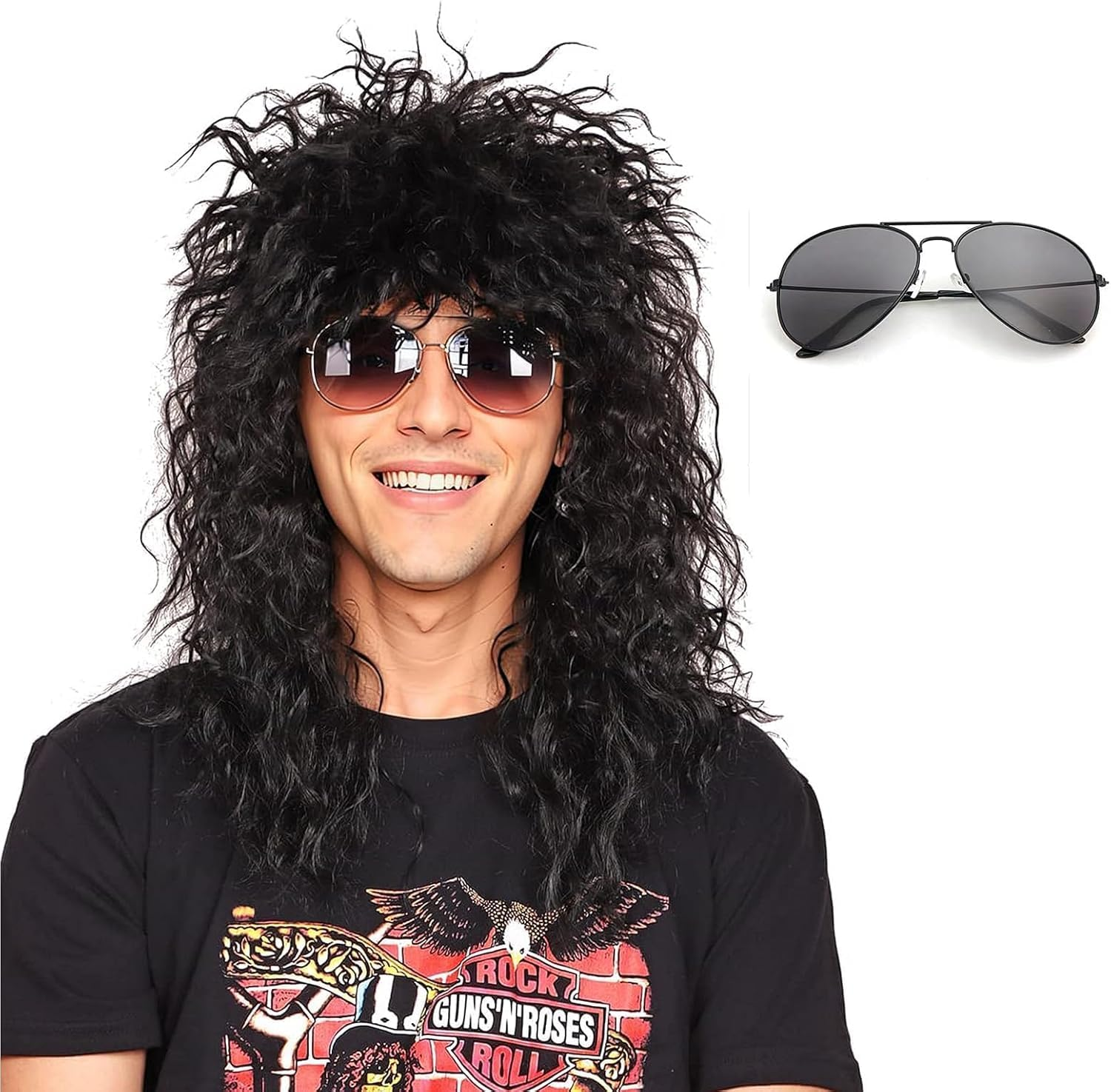 HENWUBEI Retro Hippie Rock Costume Men'S Long Curly Wig Black Curly Disco Costume Men'S Party 70'S 80'S 90'S, Suitable for Halloween Rave, Cosplay, DIY Themed Masquerade Party image number 2