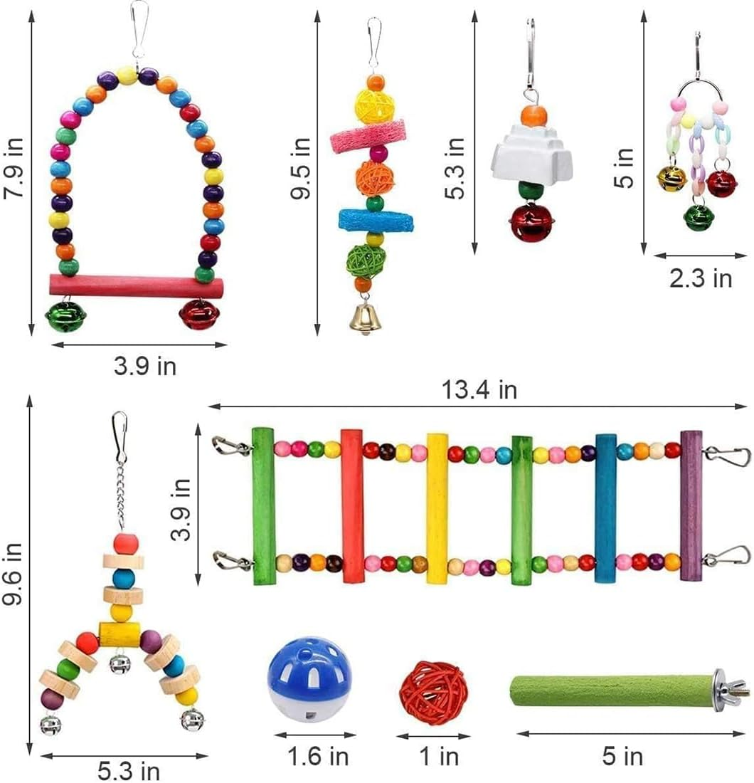Bird Sw-Ing Chewing Toys, 14Packs Brightly Colored and Sturdy Parrot Hammock Bell Toys,Parrot Cage Toy Bird Per-Ch with Wood Beads Hanging for Small Parakeets, Finches,Budgie, Love Birds,Canaries image number 2