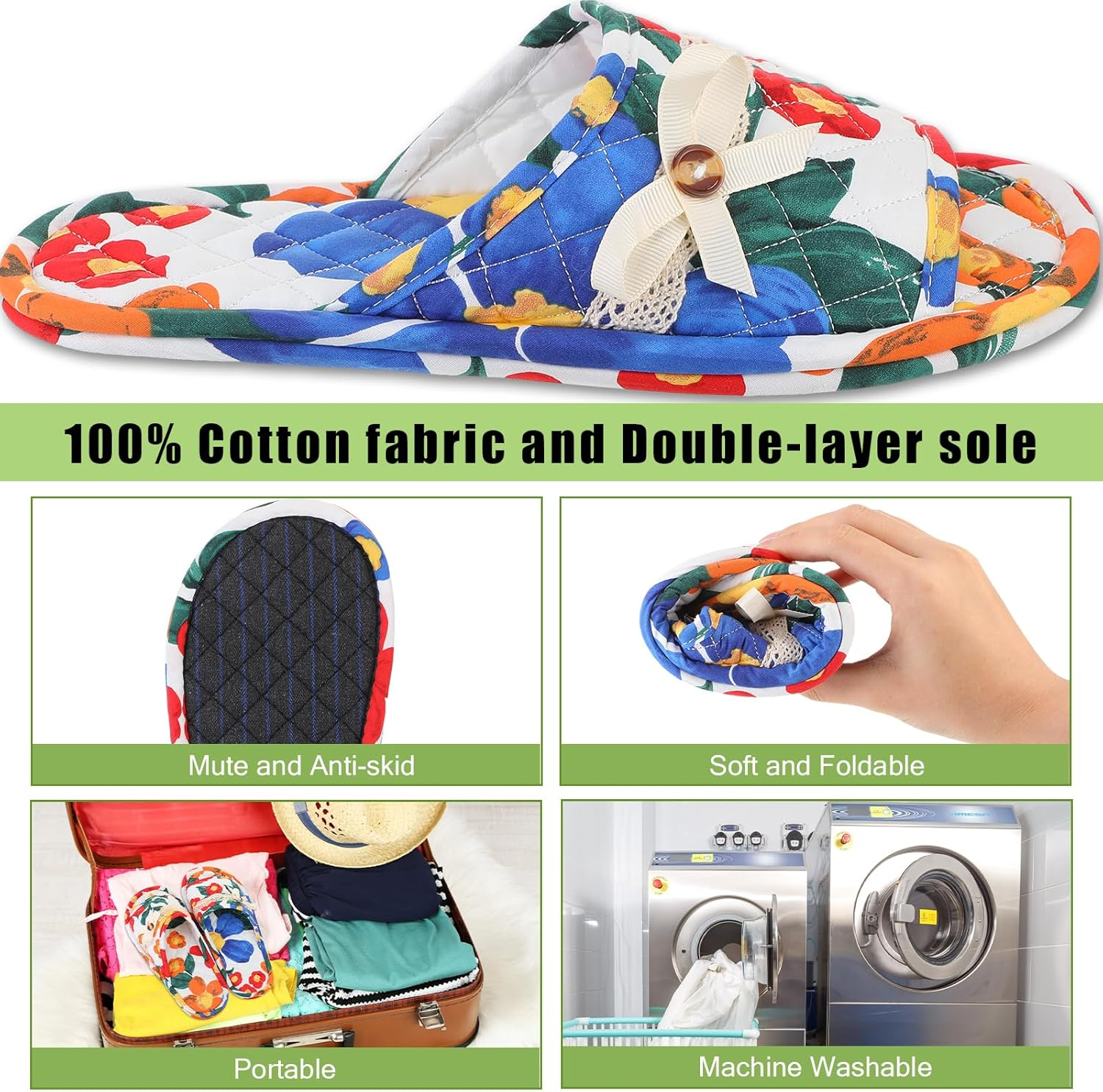 Chuarry 5 Pairs Floral Cotton House Slippers for Women, Soft Open Toe Indoor Spa Slippers for Guests Non Slip Washable Comfortable Portable Shoes for Hotel Travel Bedroom Airplane Party, as Shown, One image number 3