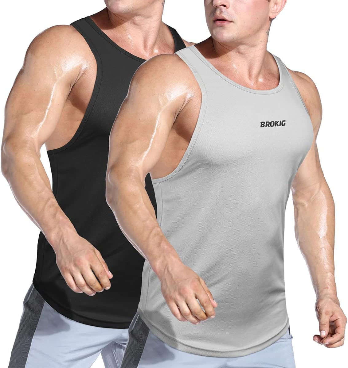 BROKIG Men'S Lightweight Gym Tank Top,Mens 2 Pack Workout Slim Fit Singlet Performance Cool Mesh Muscle Sleeveless Shirt image number 4