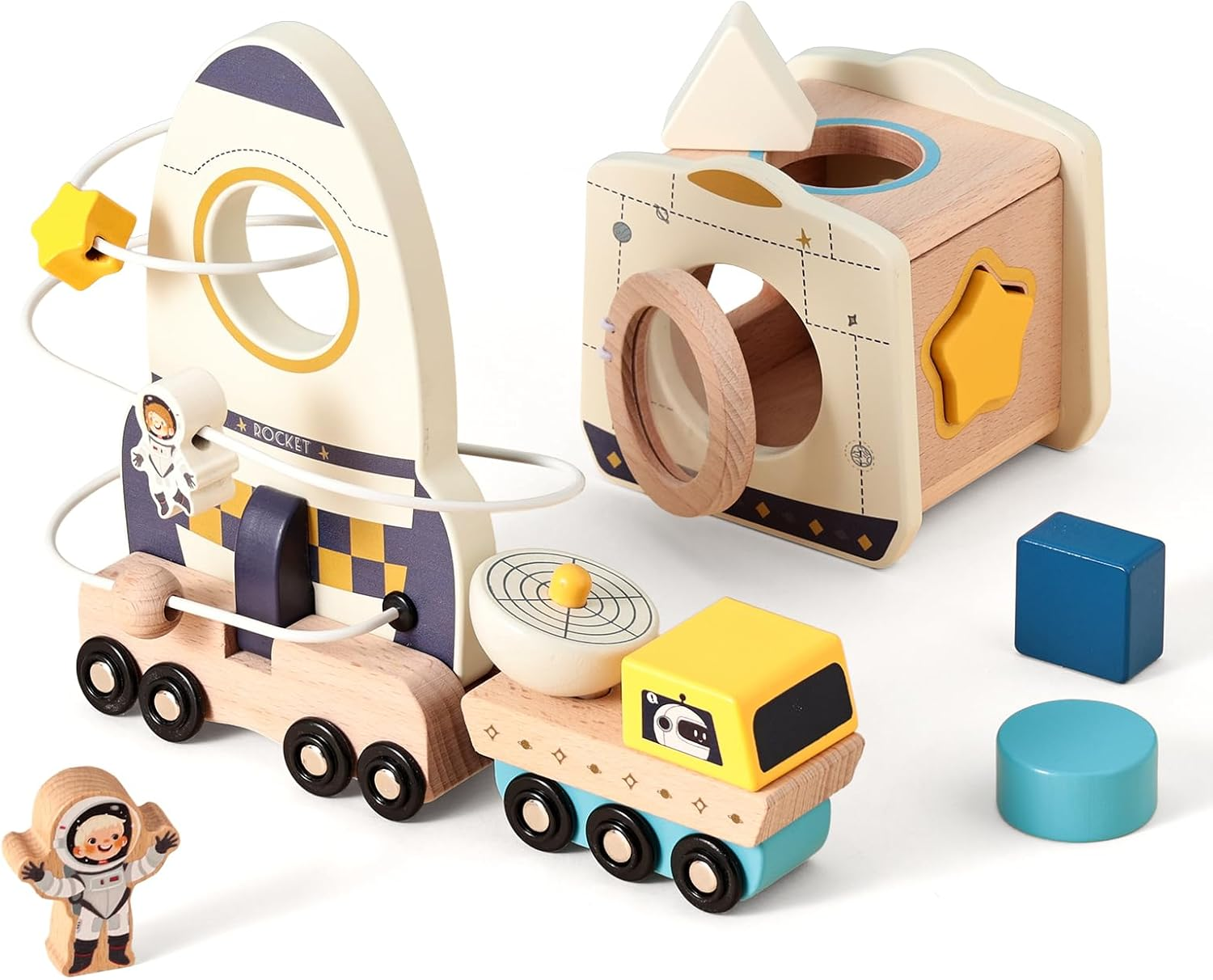 Rocket Space Toys Montessori Toys for Toddlers 1 2 3 Year Old Boy and Girl Baptism Birthday Gift Baby Toys with Shape Sorter Stacking image number 3