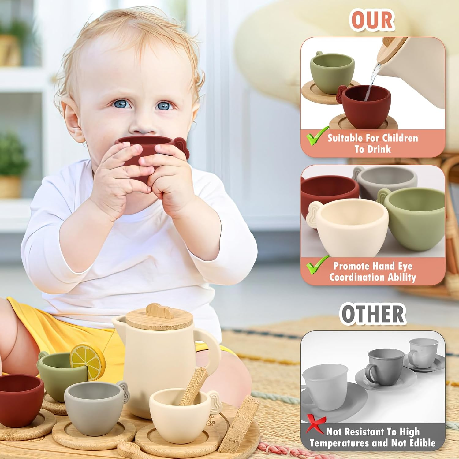 Wooden Tea Set for Little Girls, 14Pcs Tea Party Set for Kids, Simulation Afternoon Tea Kit, Interactive Children Early Education Toys for Girls Birthday Gift (Wood) image number 4