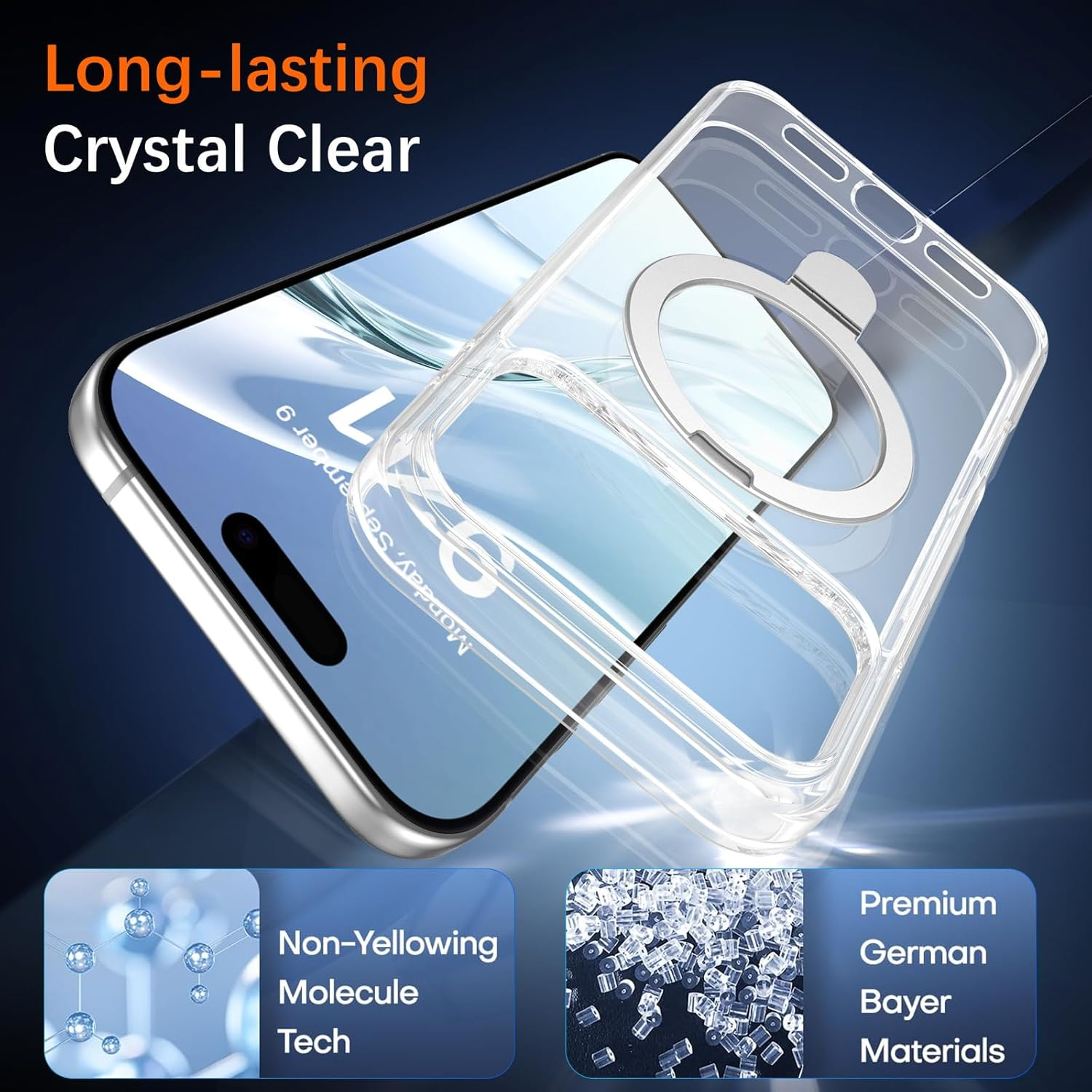 DUEDUE Magnetic Case for Iphone 17 Pro Max 6.9" with 360&deg; Rotatable Ring Stand, [Compatible with Magsafe] Shockproof Slim Fit Thin Phonetransparent Full Protection Cover for Iphone 17 Pro Max, Clear image number 3