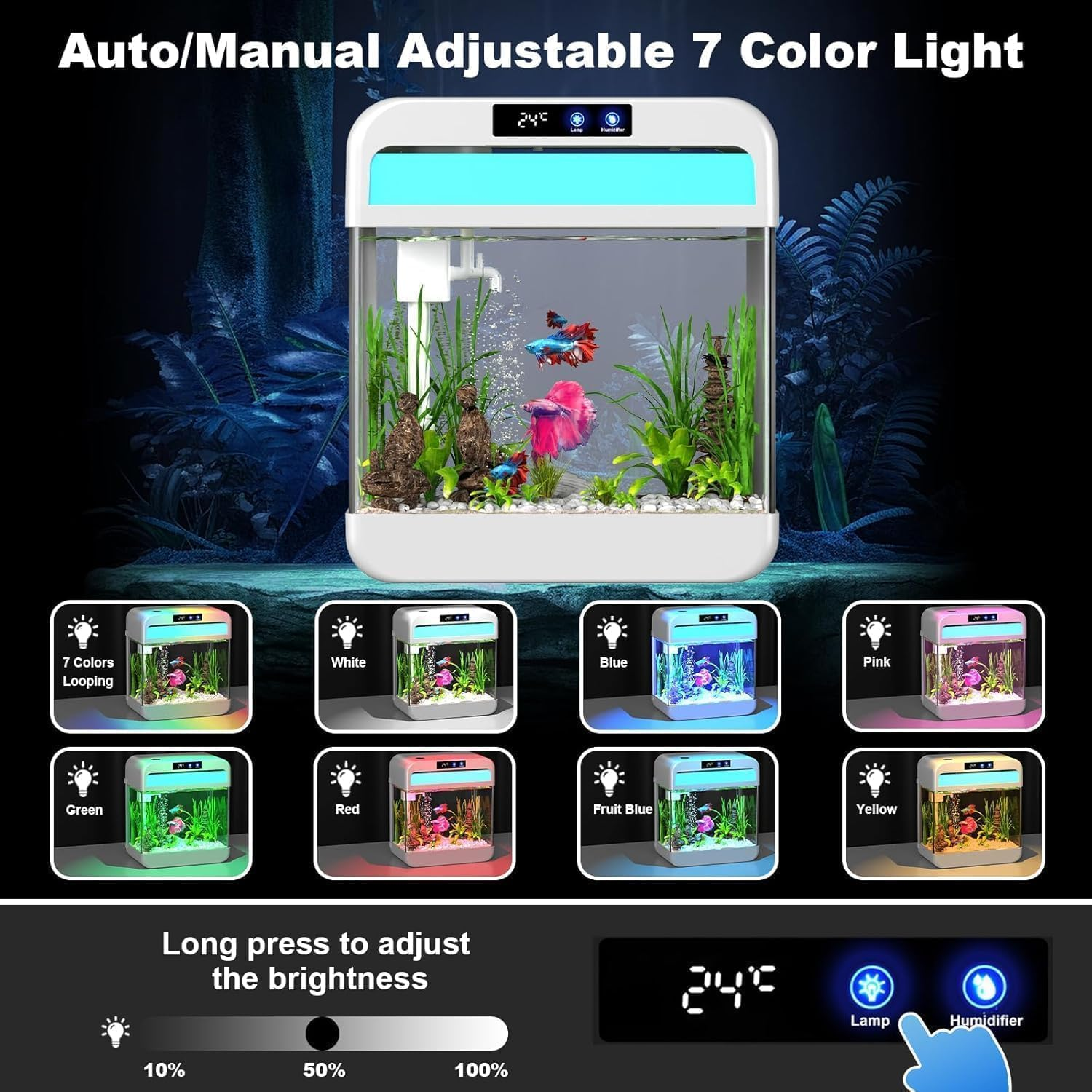 MINYII Fish Tank Aquarium 2.2 Gallon with Humidifier 7 Color Looping Light with Timer Self-Cleaning 3 in 1 Water Pump with Filteration & Oxygenation & Circulation, Temperature Display (White) image number 3