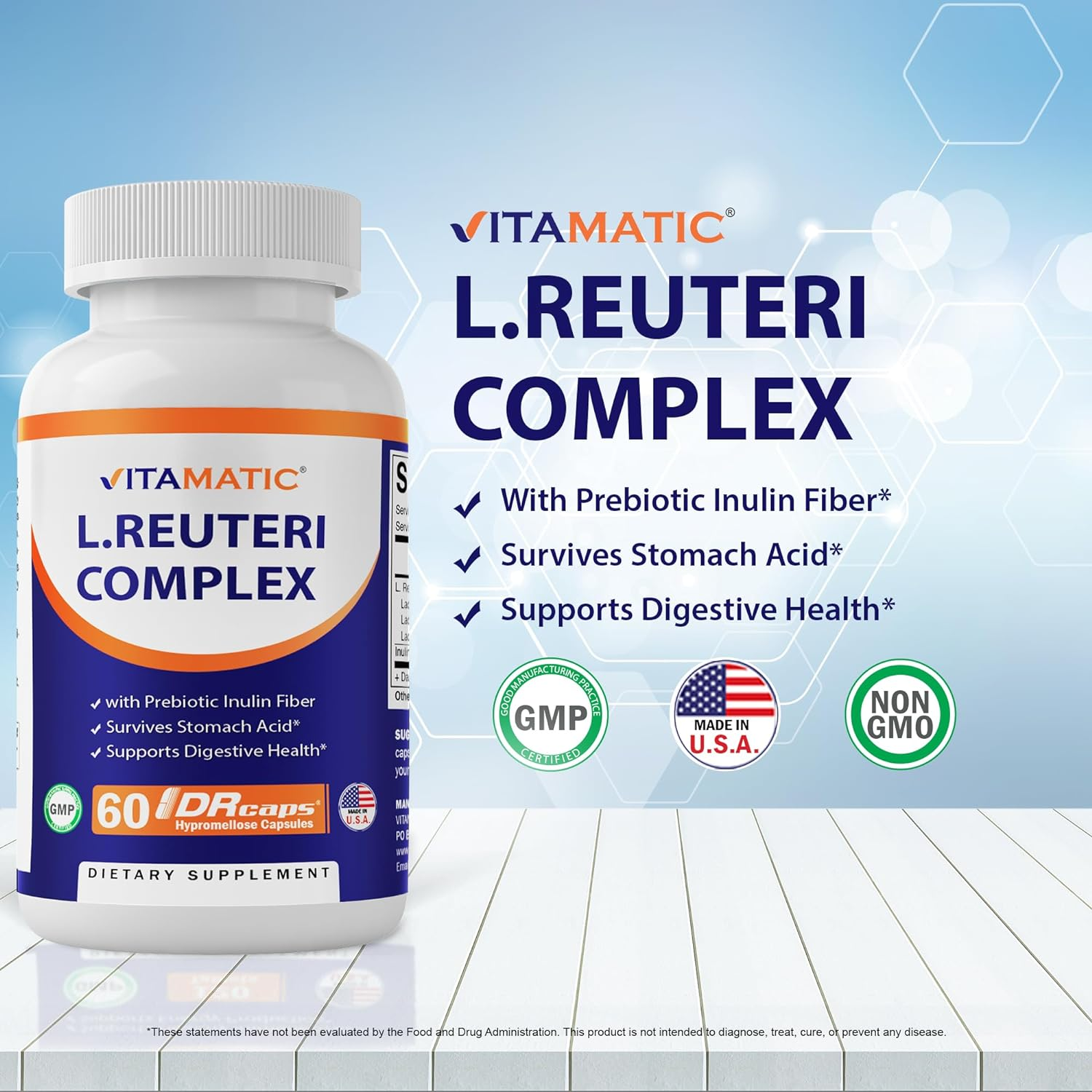 Vitamatic Lactobacillus Reuteri Complex - 22 Billion per DR Capsule - 60 Count - Digestive Support - Made with Prebiotic Inulin Fiber