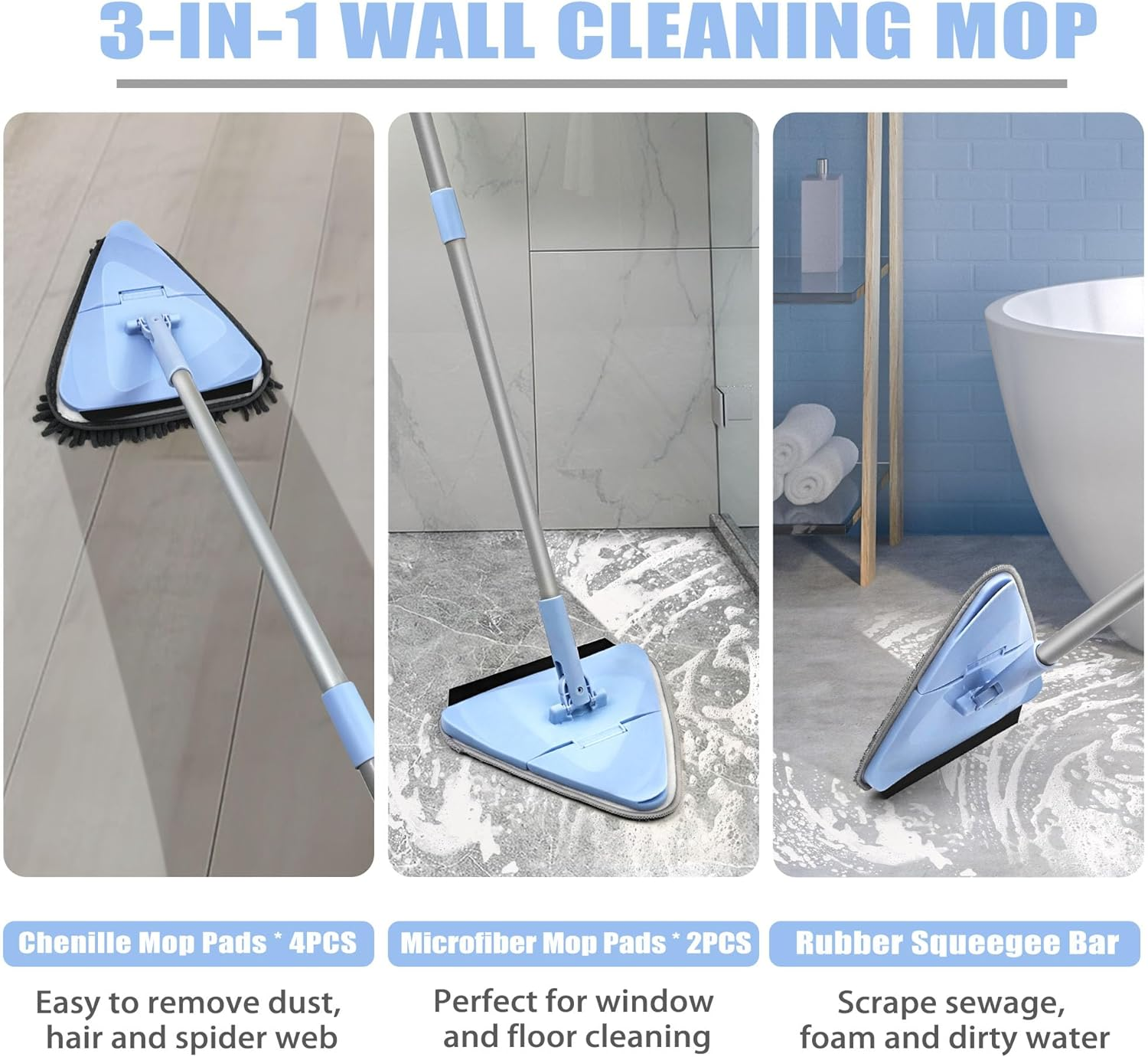NEWE Wall Mop Cleaner with 202 Cm Long Handle, 180&deg; Folding Ceiling Cleaning Tool with Squeegee, Triangle Baseboard Scrubber with 4 Chenille Duster and 2 Microfiber Pads for Washing Painted Walls image number 1