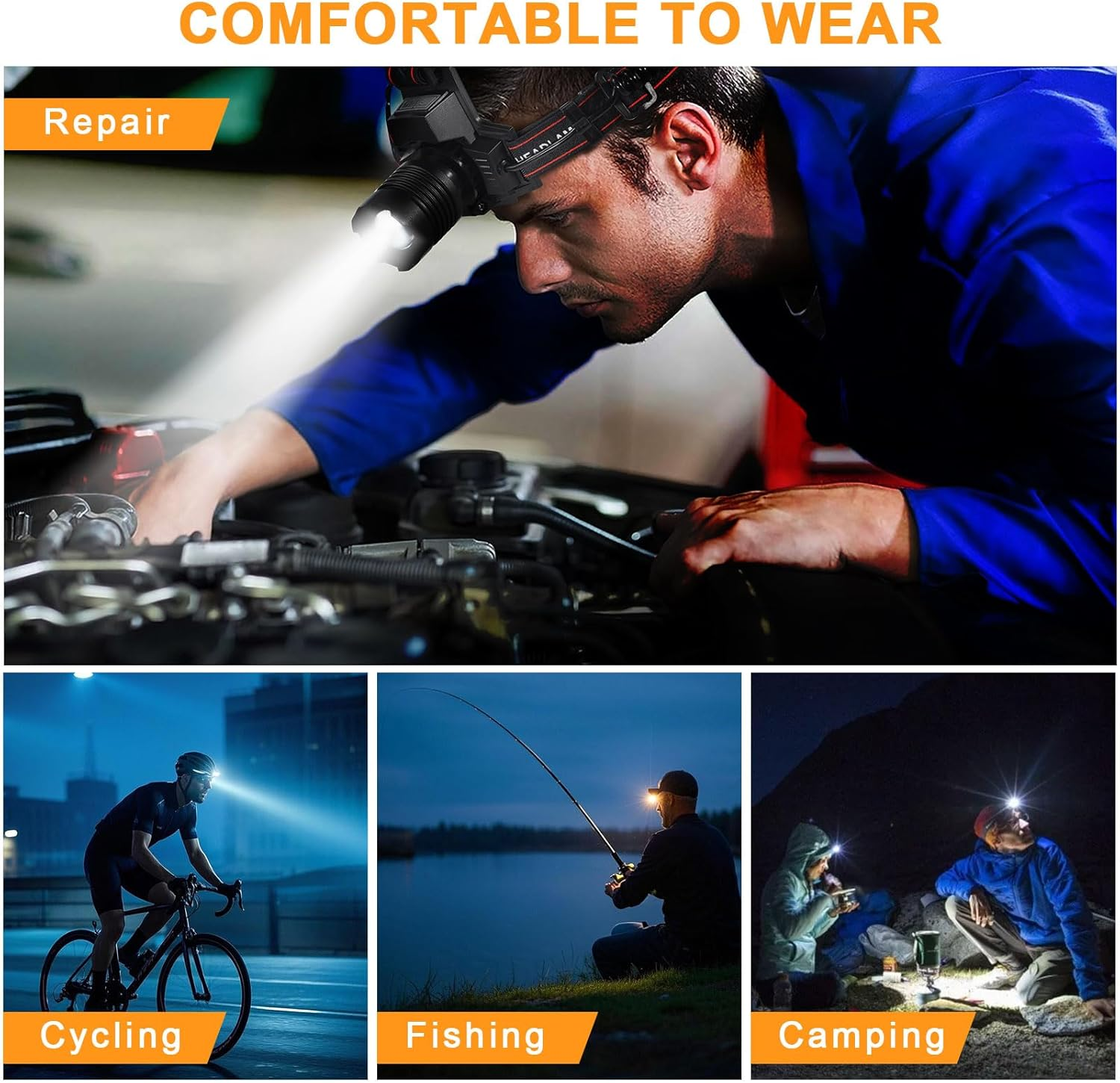 Spardar 10,000 Lumens Rechargeable Headlamp, LED Headlamp with 7 Modes, Zoomable, IPX4 Waterproof, Suitable for Fishing, Mountaineering, Hiking, and Camping image number 6